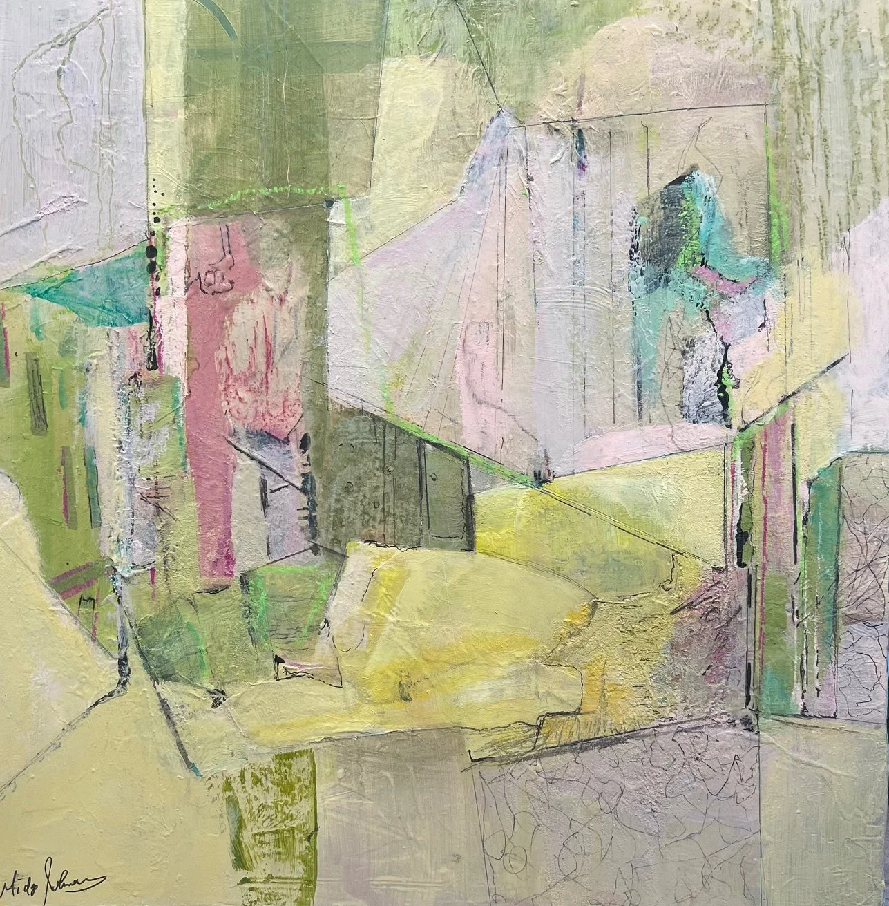 Midge Johnson,
When Green Met Yellow, 2025,
Acrylic mixed media on panel,
12 x 12 inches, framed
$600