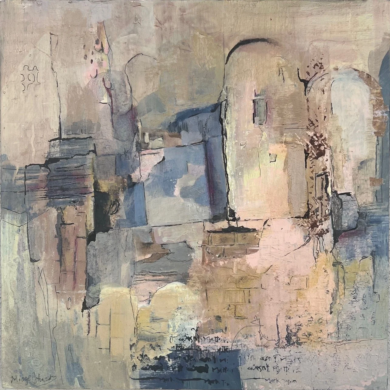 Midge Johnson,
Still Standing, 2025,
Acrylic mixed media on panel,
12 x 12 inches, framed
$600