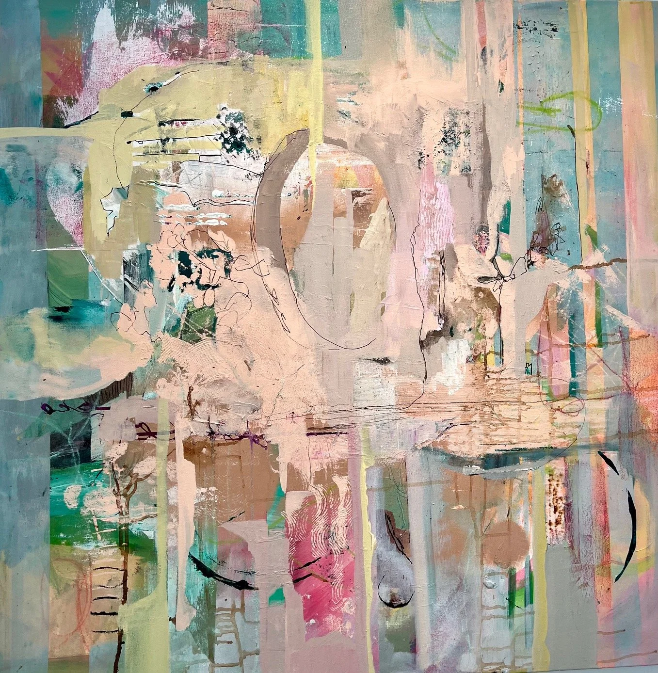 Midge Johnson,
Striated, 2025,
Acrylic mixed media on canvas,
36 x 36 inches,
$2,600