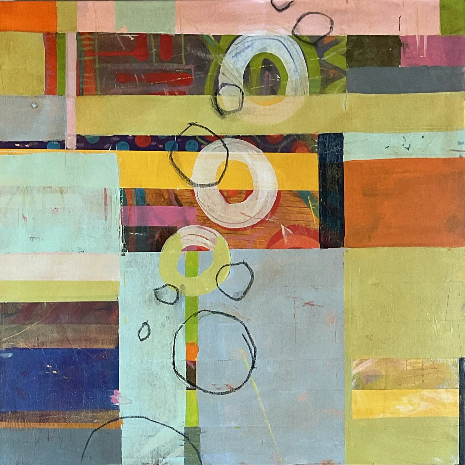 Judy Robertson,
Bubbles & Blocks to the Sky, 2026,
Acrylic and graphite on gallery-wrapped canvas, framed,
24 x 24 x 1.5 inches | $1,500