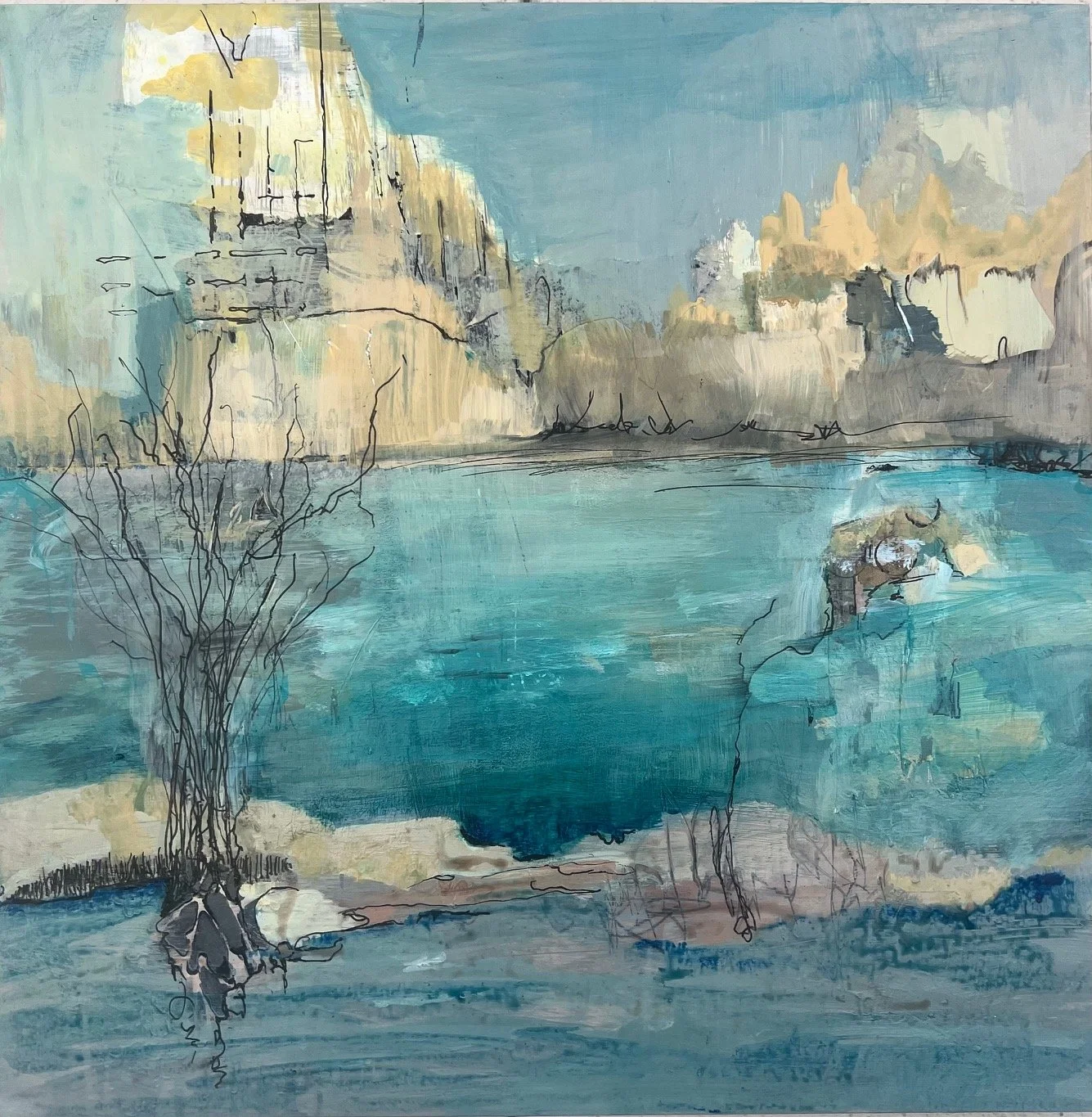 Midge Johnson,
Across the River, 2025,
Acrylic mixed media on panel,
12 x 12 inches, framed
$600