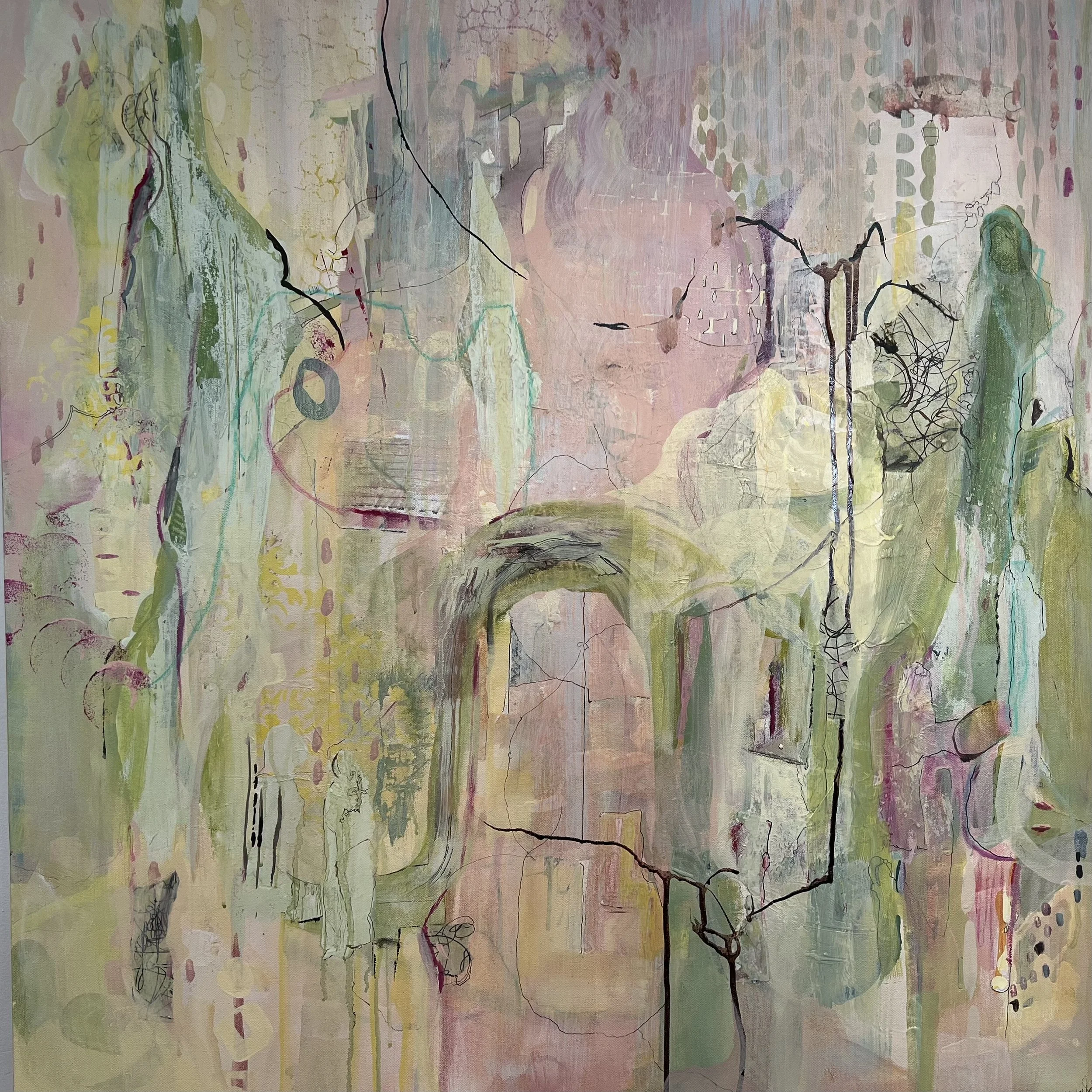 Searching for Shelter, 2026, Acrylic mixed media on gallery wrapped canvas, framed,
36 x 36 inches | $2,850