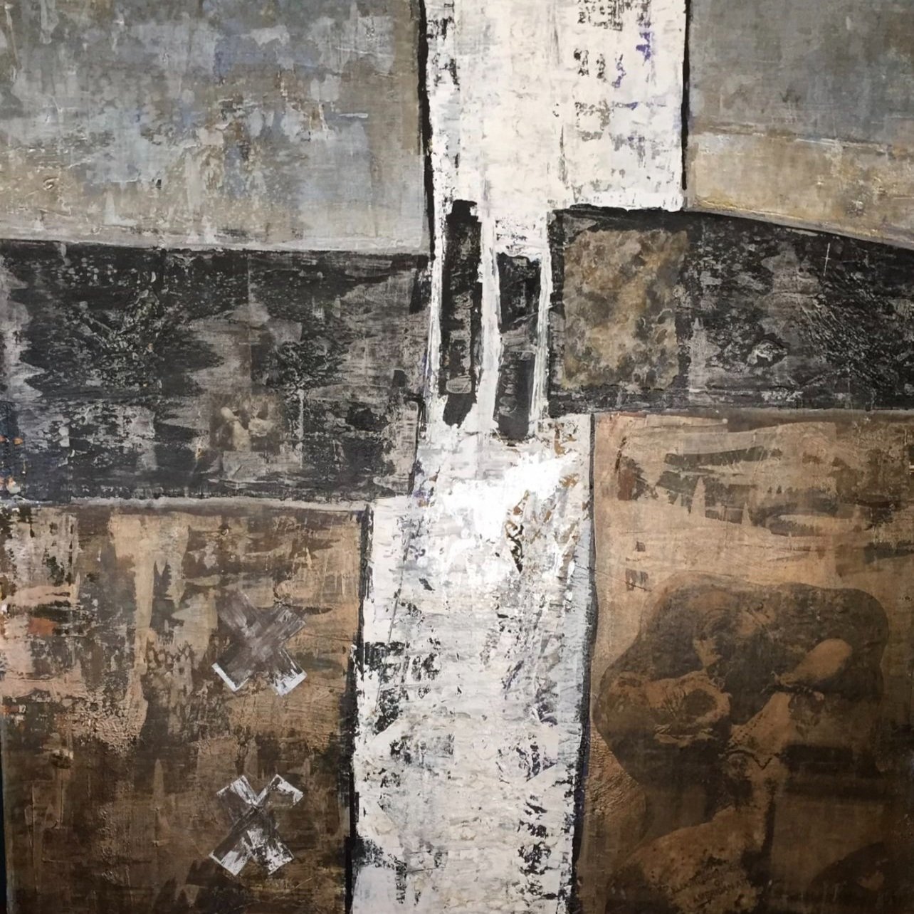 Abstract painting with textured layers, earthy tones, and geometric shapes.