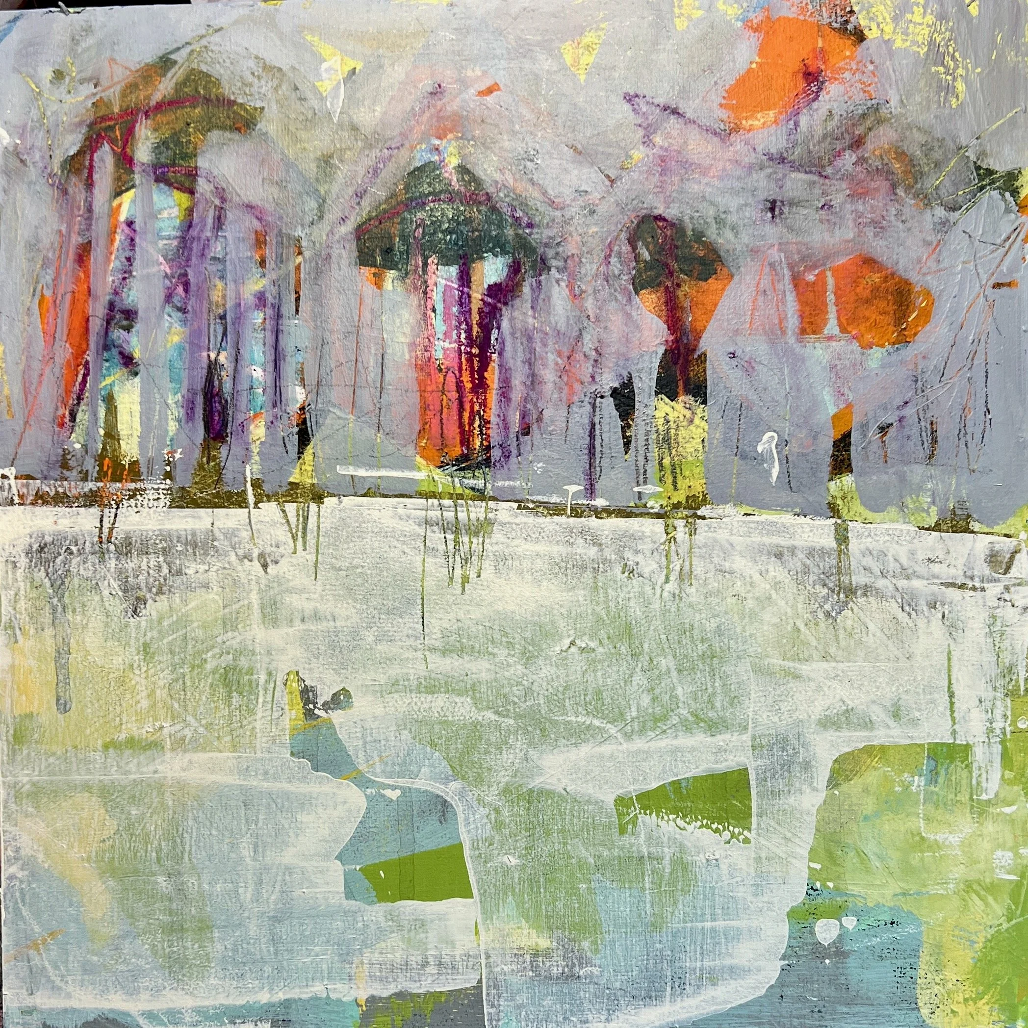 Judy Robertson, There Has To Be Mushrooms In This Forest, 2025, Acrylic, graphite, framed, 12 x 12 inches, $500