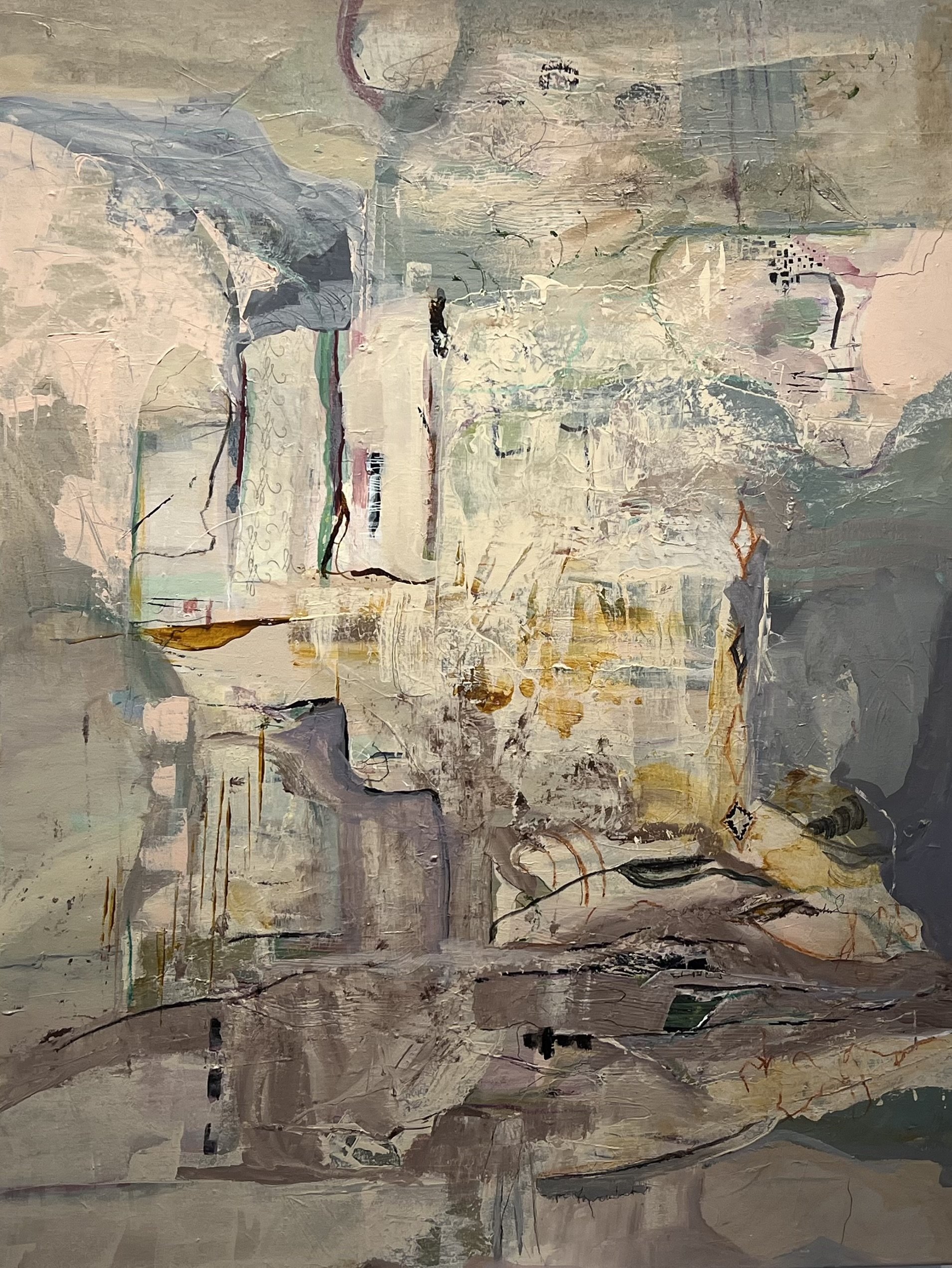 Erosion of Grandeur, 2026,
Acrylic mixed media on gallery wrapped canvas, framed,
40 x 30 inches | $2,650