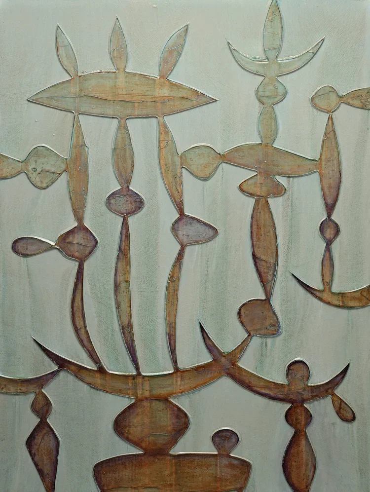 Aquaprase, 2025, Acrylic, moulding paste on cradled wood panel, 48 x 36 inches, $6500