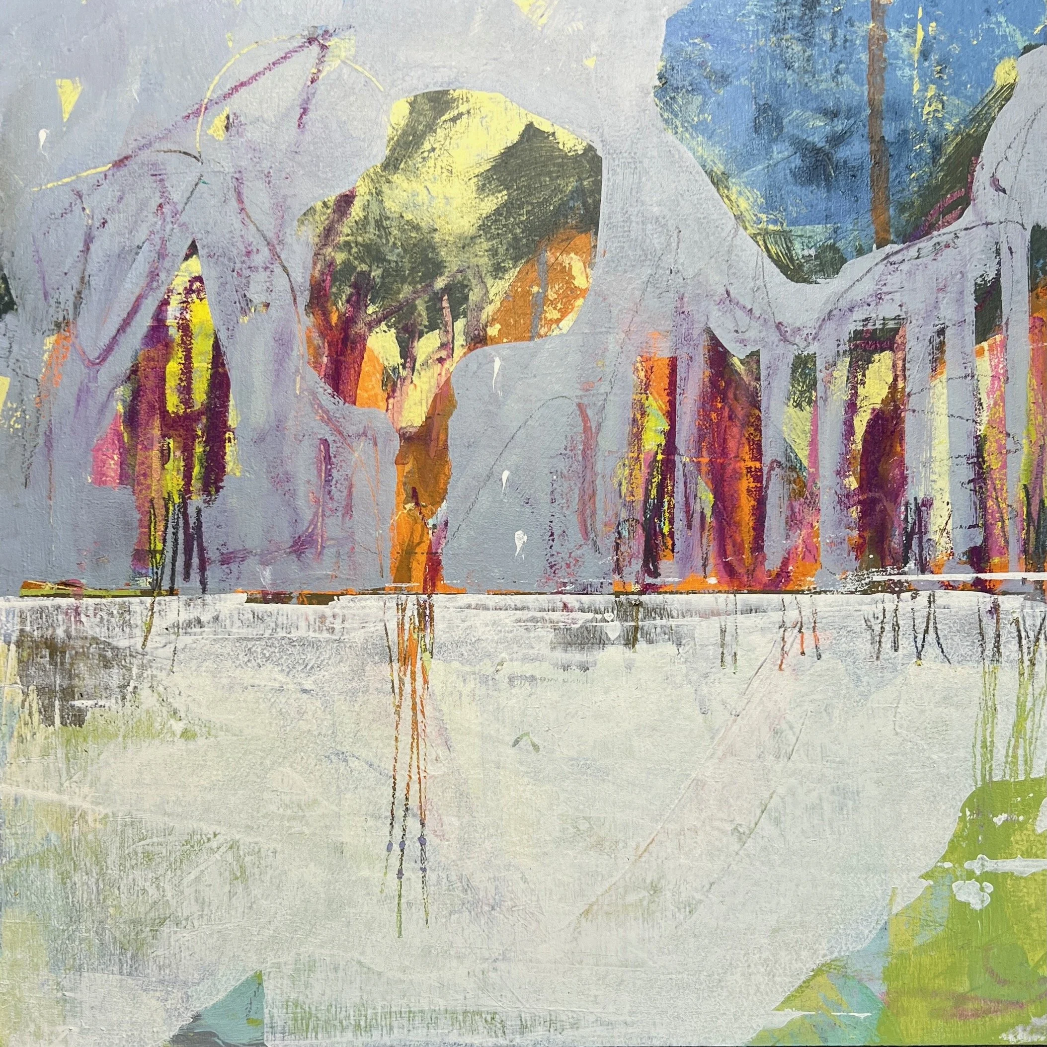 Judy Robertson, There Has To Be Mushrooms In This Forest, 2025, Acrylic, graphite, framed, 12 x 12 inches, $500