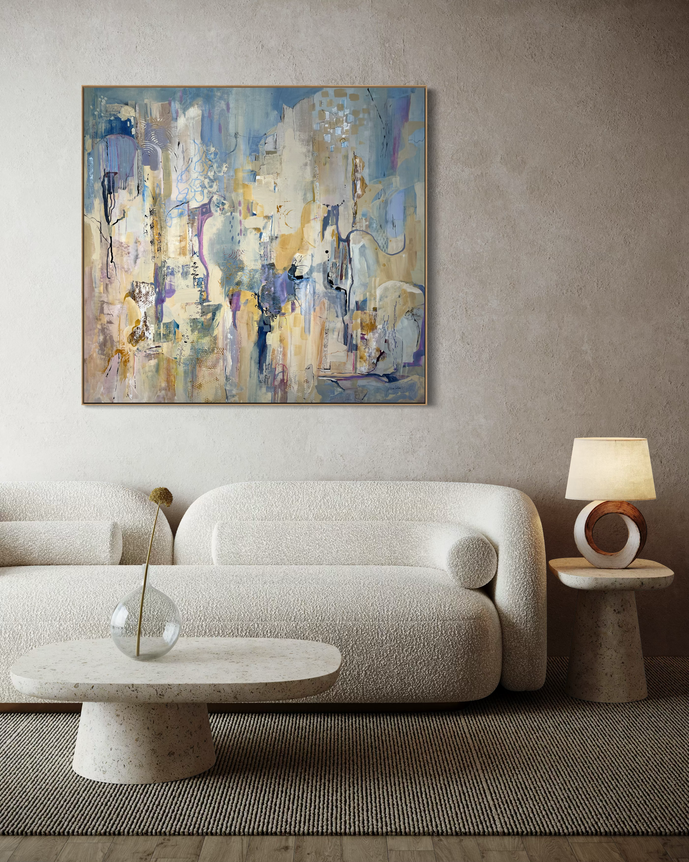 Ancient Urban Sprawl, 2026, Acrylic mixed media on gallery wrapped canvas, framed,
48 x 52 inches | $5,250