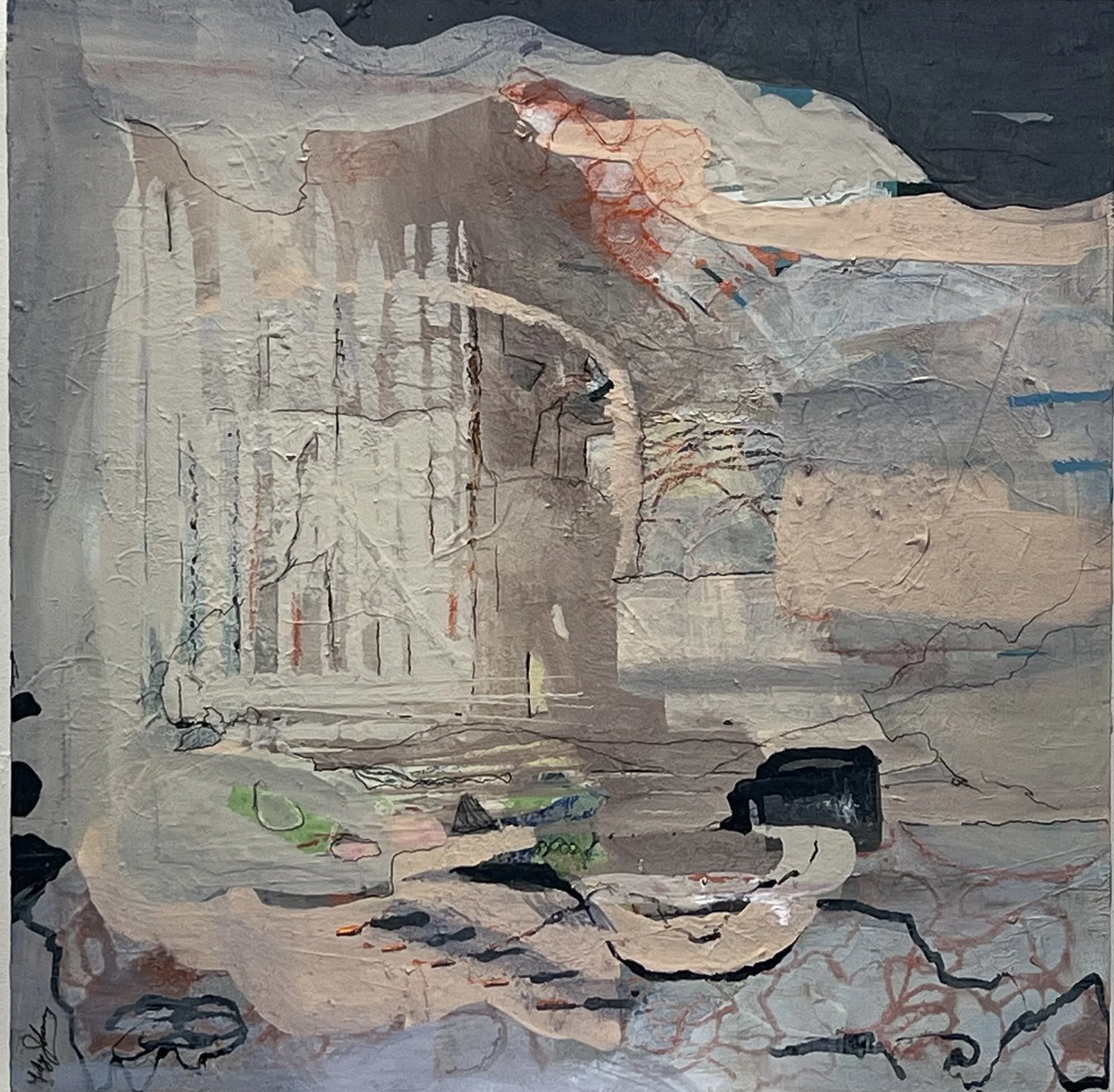 Amphitheater, 2026, Acrylic mixed media on cradled panel, framed,
16 x 16 inches | $1,000