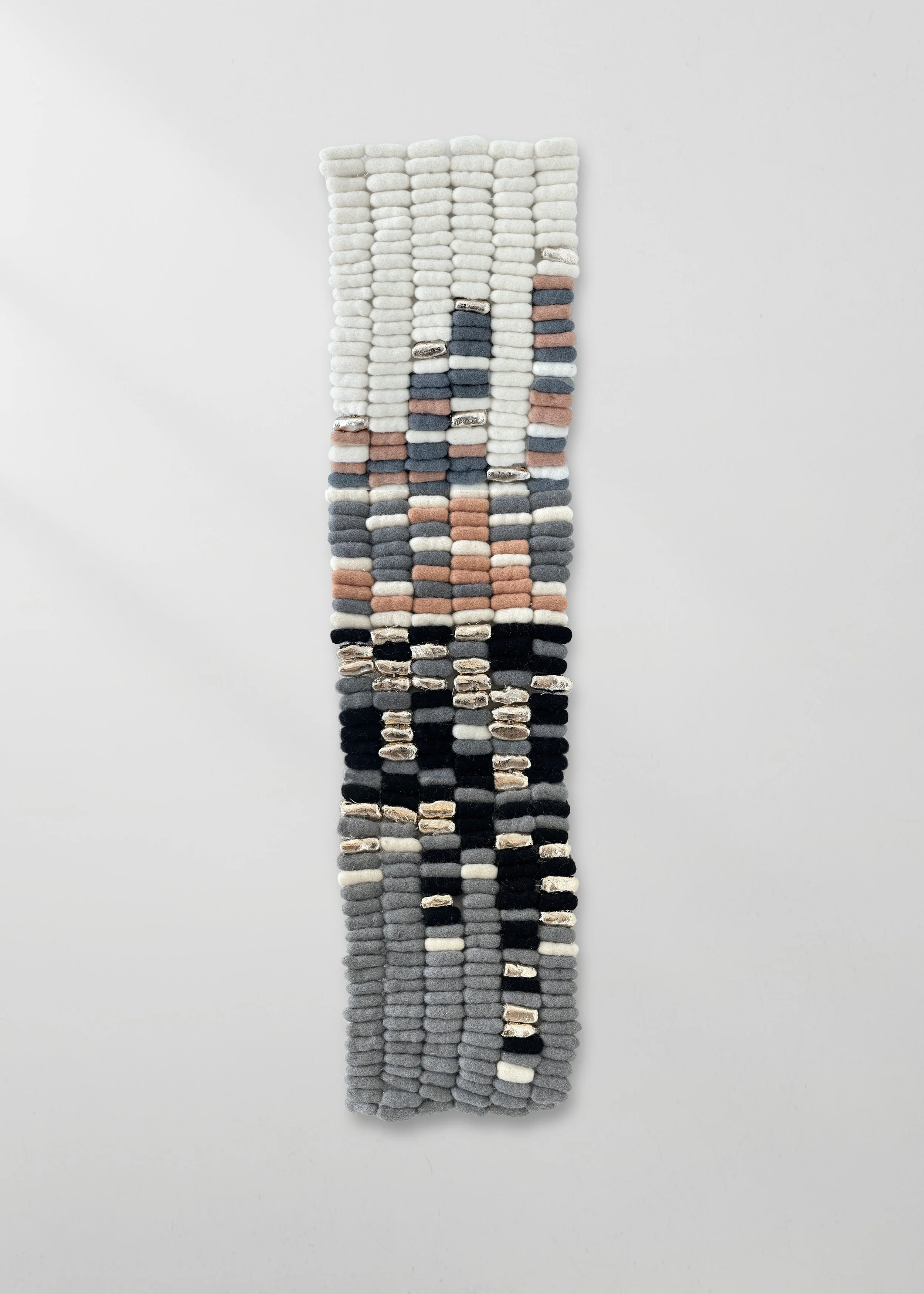 Christina Jensen Vicente, Call and Response, 2025, Felted wool, clay, metal leaf, Morse code, 32 x 8.5 inches, $1,200