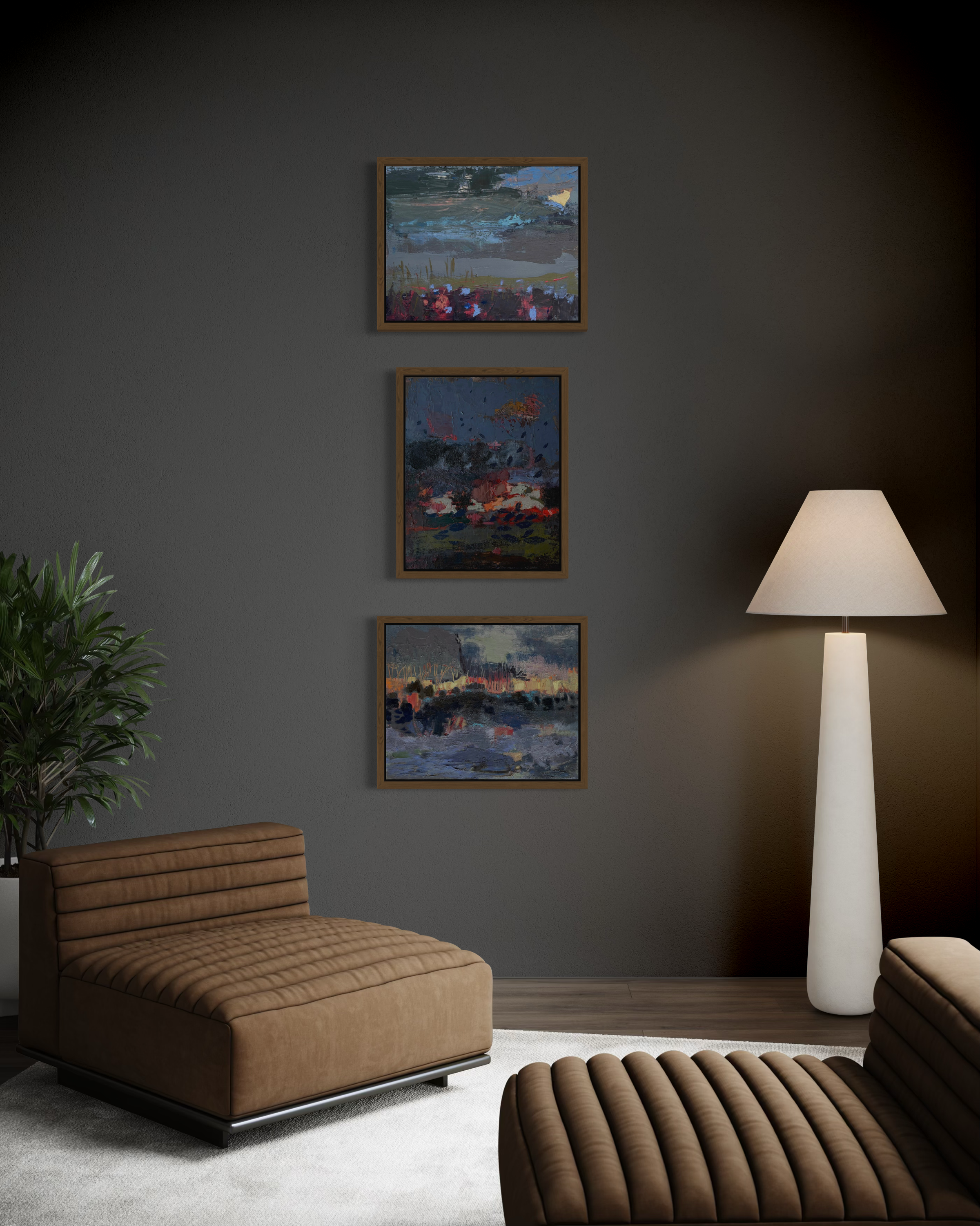 Lori Childers,
Nocturnal Camp, 2023,
Daisies at Dawn, 2023,
Fire in the Distance, 2023,
Oil on canvas, framed,
20 x 16 inches,
$1,300 each