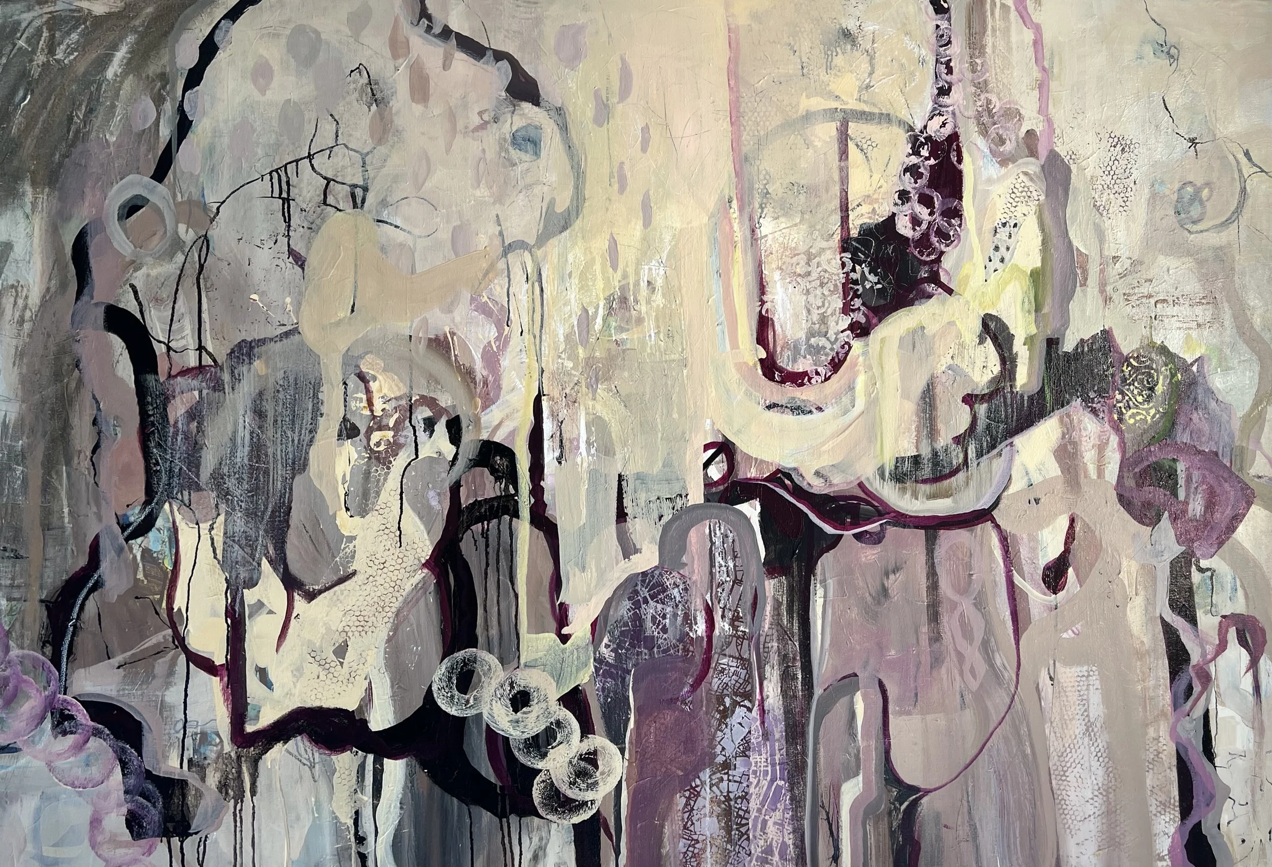Midge Johnson,
Tectonic Movement, 2026,
Acrylic mixed media
on gallery wrapped  canvas, framed,
48 x 66 inches | $6,600