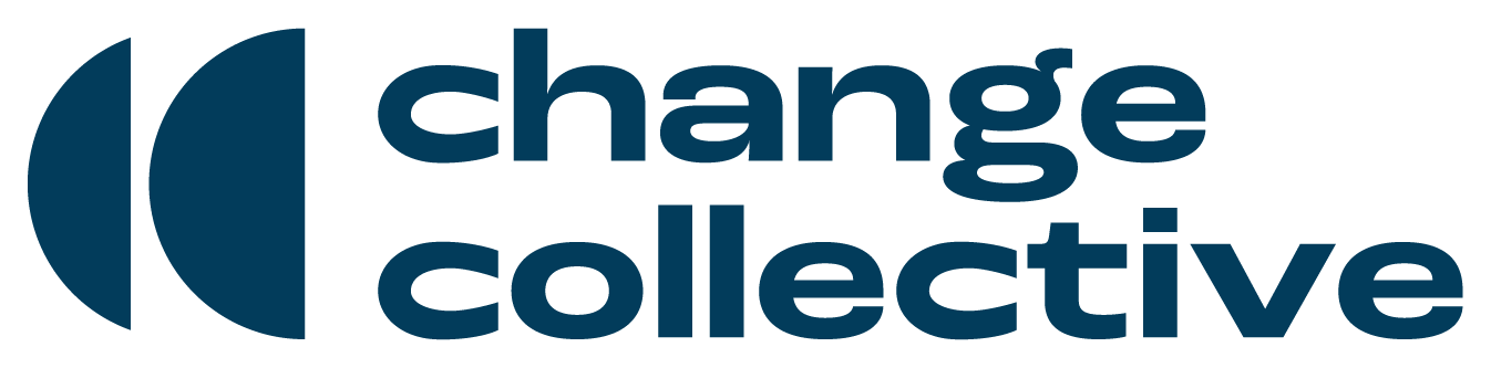 Logo with two blue curved shapes on the left and the words "change collective" in blue text on a white background.