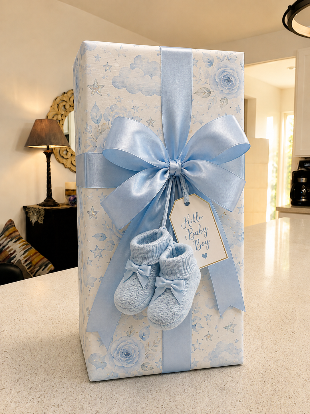 A wrapped gift box with blue ribbon, a Hello Baby Boy tag, and baby socks attached, in a home setting.