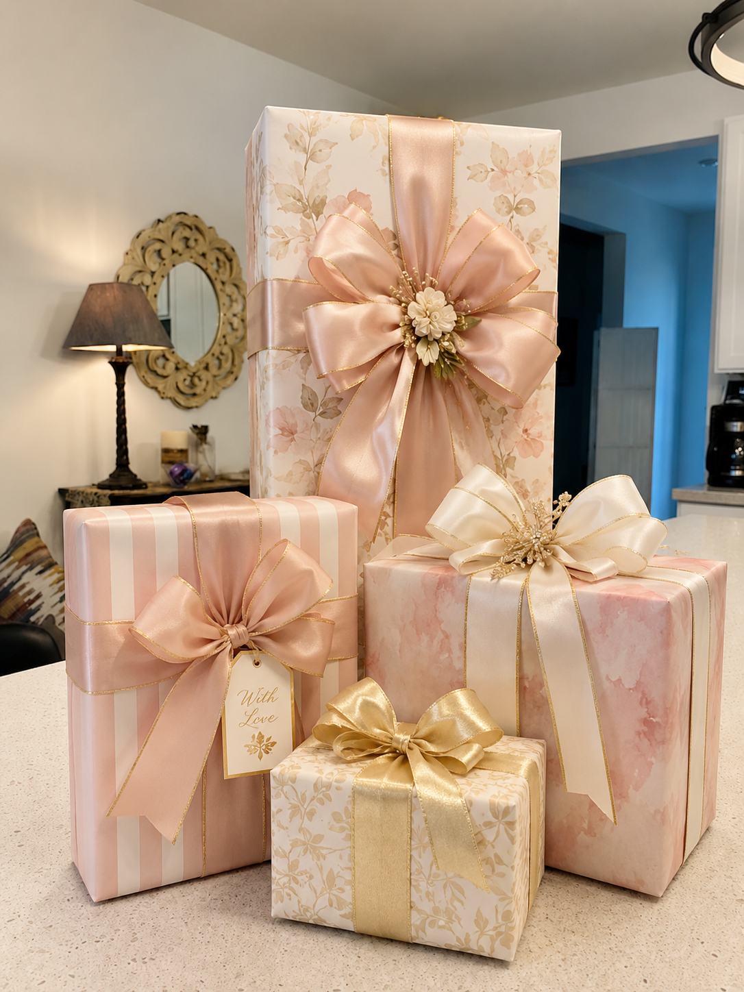 Decorative wrapped gift boxes with bows and flowers on a kitchen countertop.