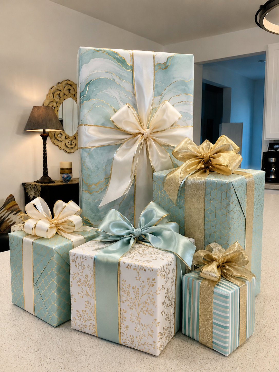 A collection of wrapped Christmas presents in pastel colors with gold and silver ribbons, arranged on a carpeted floor in a living room.