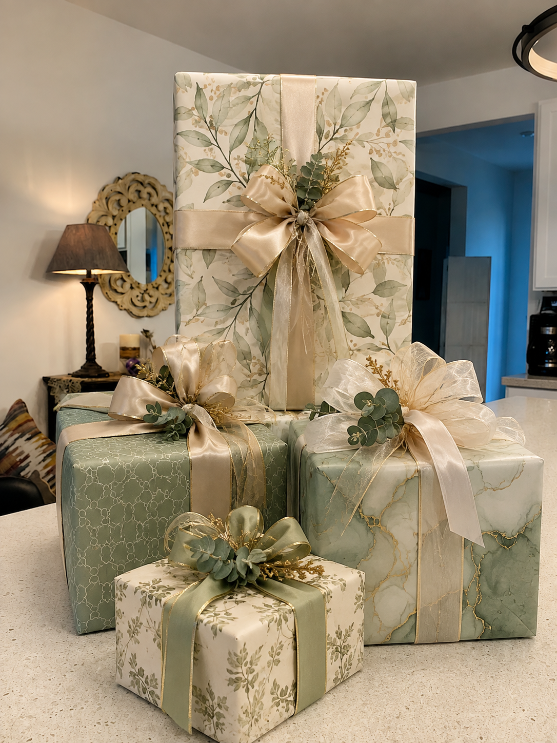 Group of decorated gift boxes wrapped in elegant paper with gold, cream, and green patterns, adorned with ribbons, bows, and small greenery sprigs, arranged on a kitchen countertop.