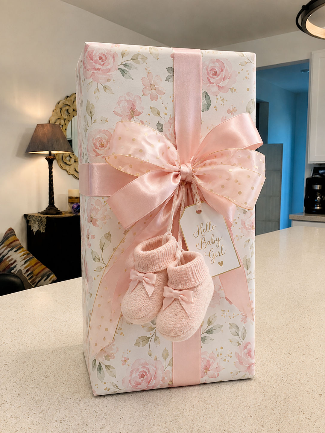 A wrapped gift with pink floral wrapping paper, a pink satin ribbon bow, and a tag that says "Hello Baby Girl." Attached to the ribbon is a pair of pink baby booties with bows.