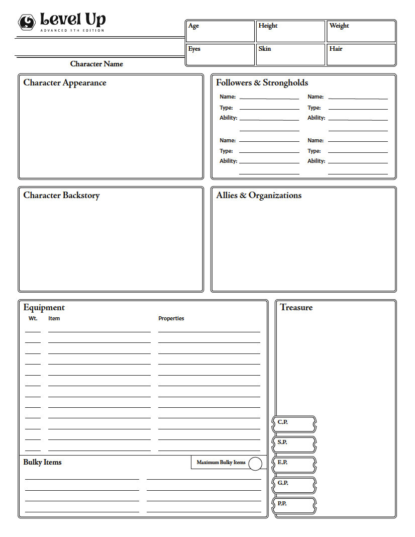 Let S Look At The Level Up Character Sheet Level Up Advanced 5th Edition A5e