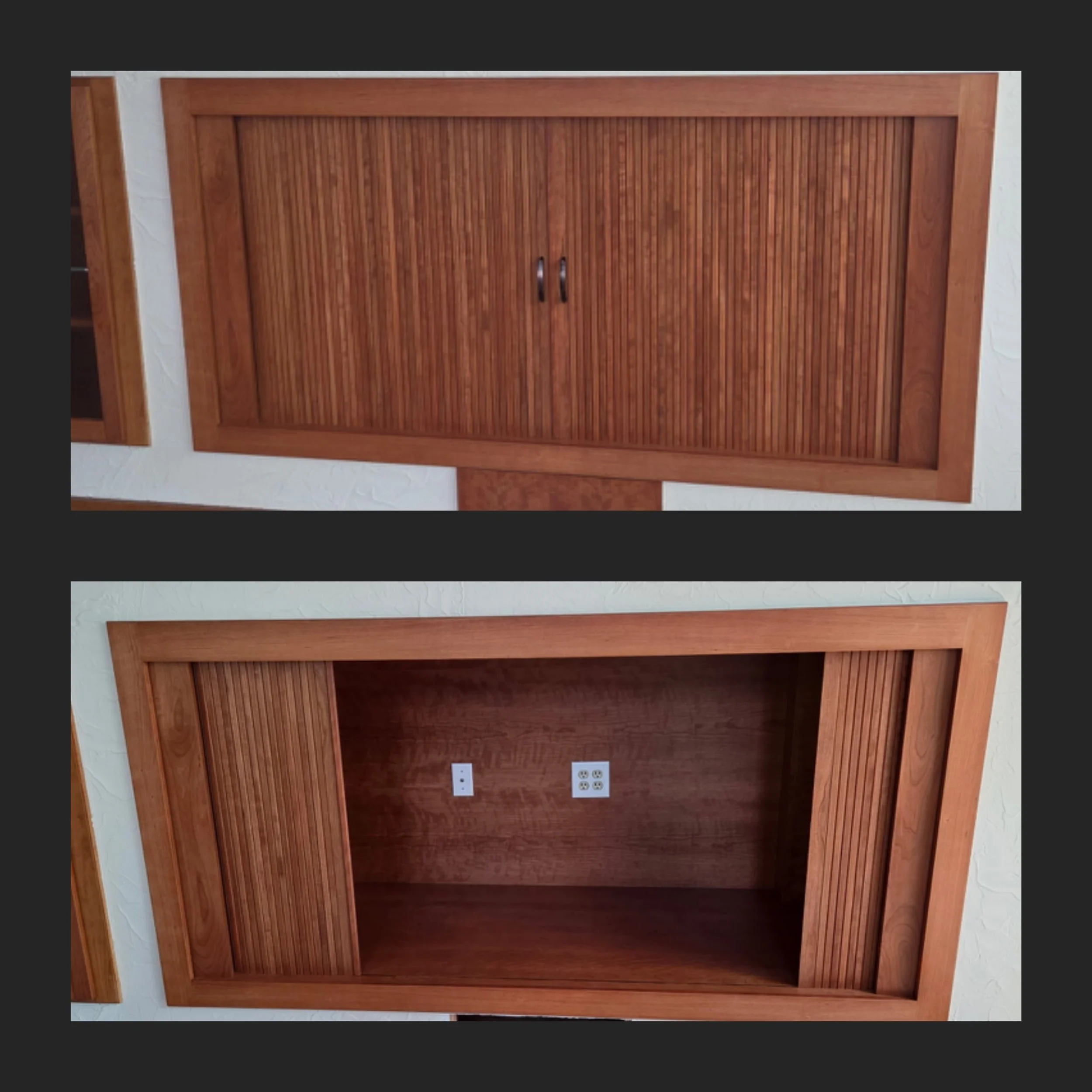 Tambour Door TV Nook in cherry.