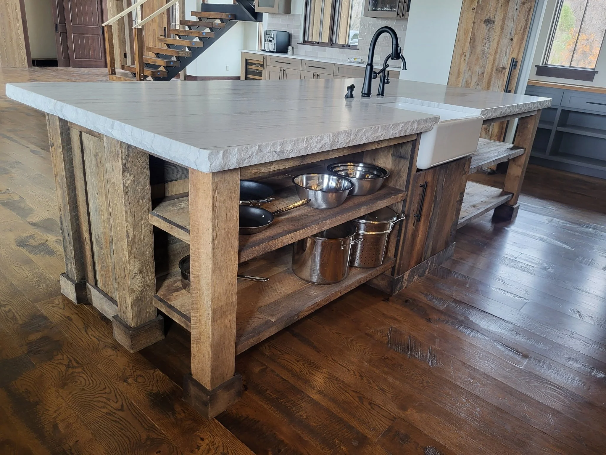 Sturdy reclaimed wood kitchen island designed for lasting durability, with spacious storage and modern cabinet functionality—crafted for everyday use and stunning looks.