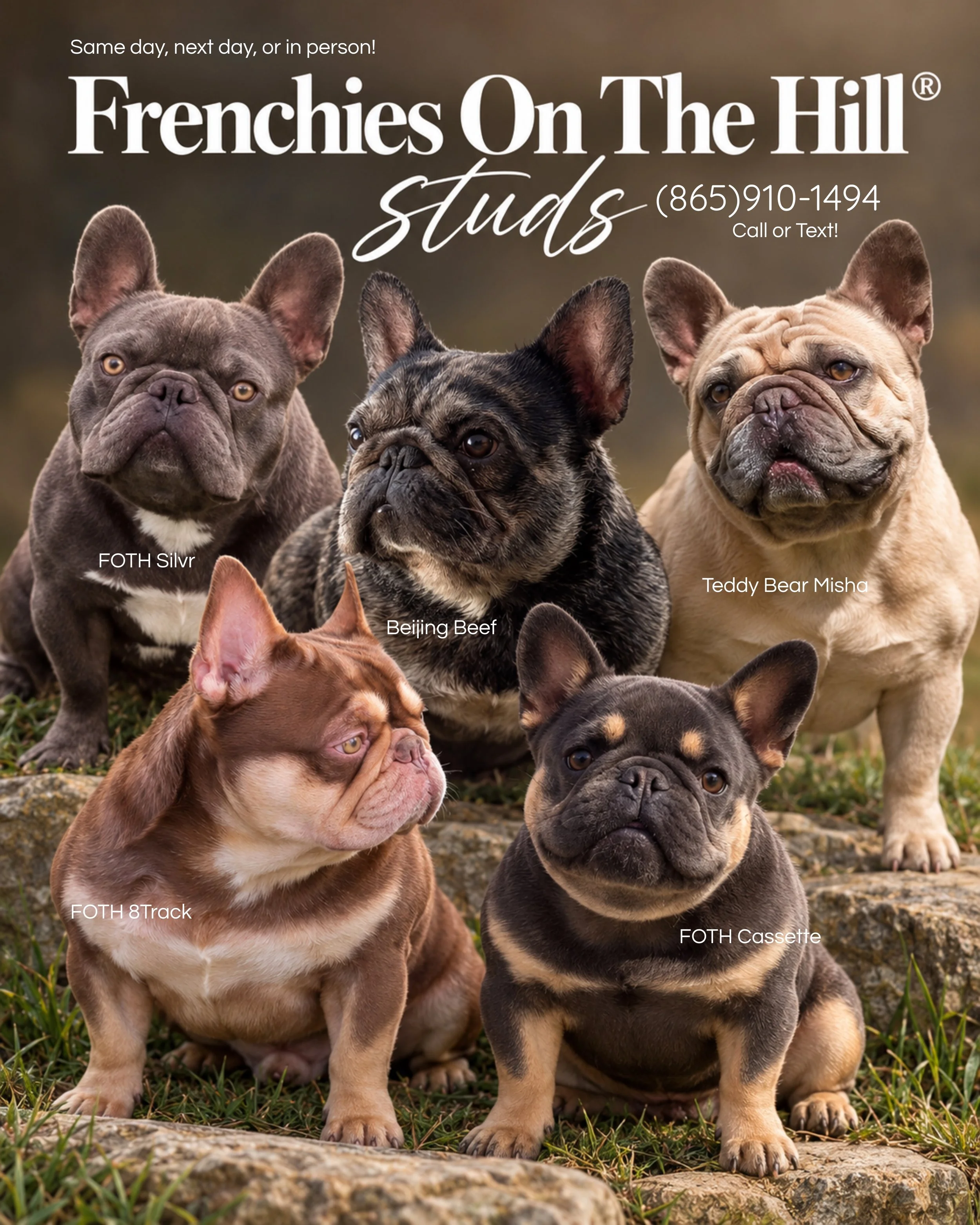 Group of stud French Bulldogs sitting on the ground outdoors, with some looking directly at the camera and others looking elsewhere, surrounded by grass and rocks.
