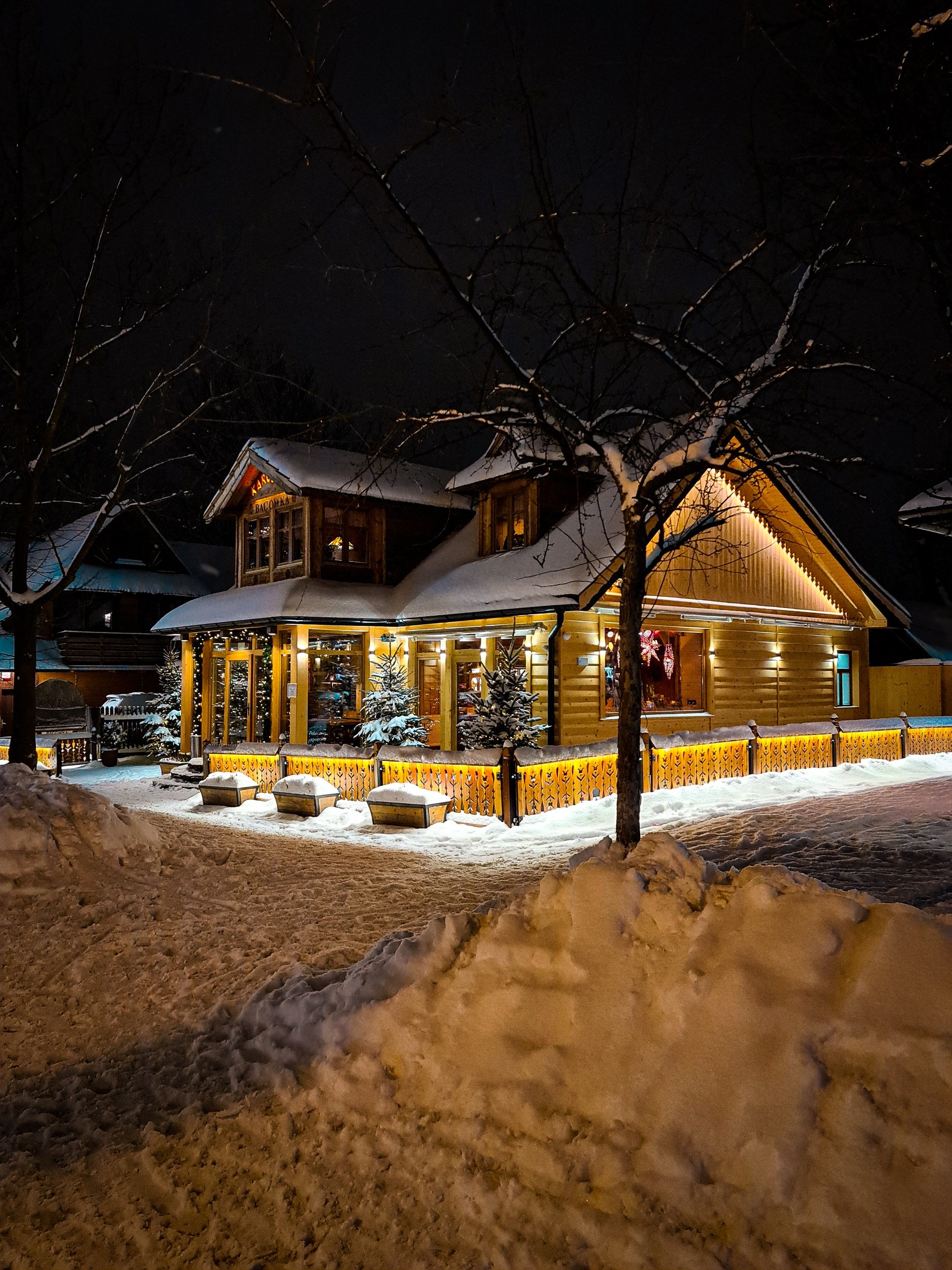 Wooden Cabin in Zakopane at Night