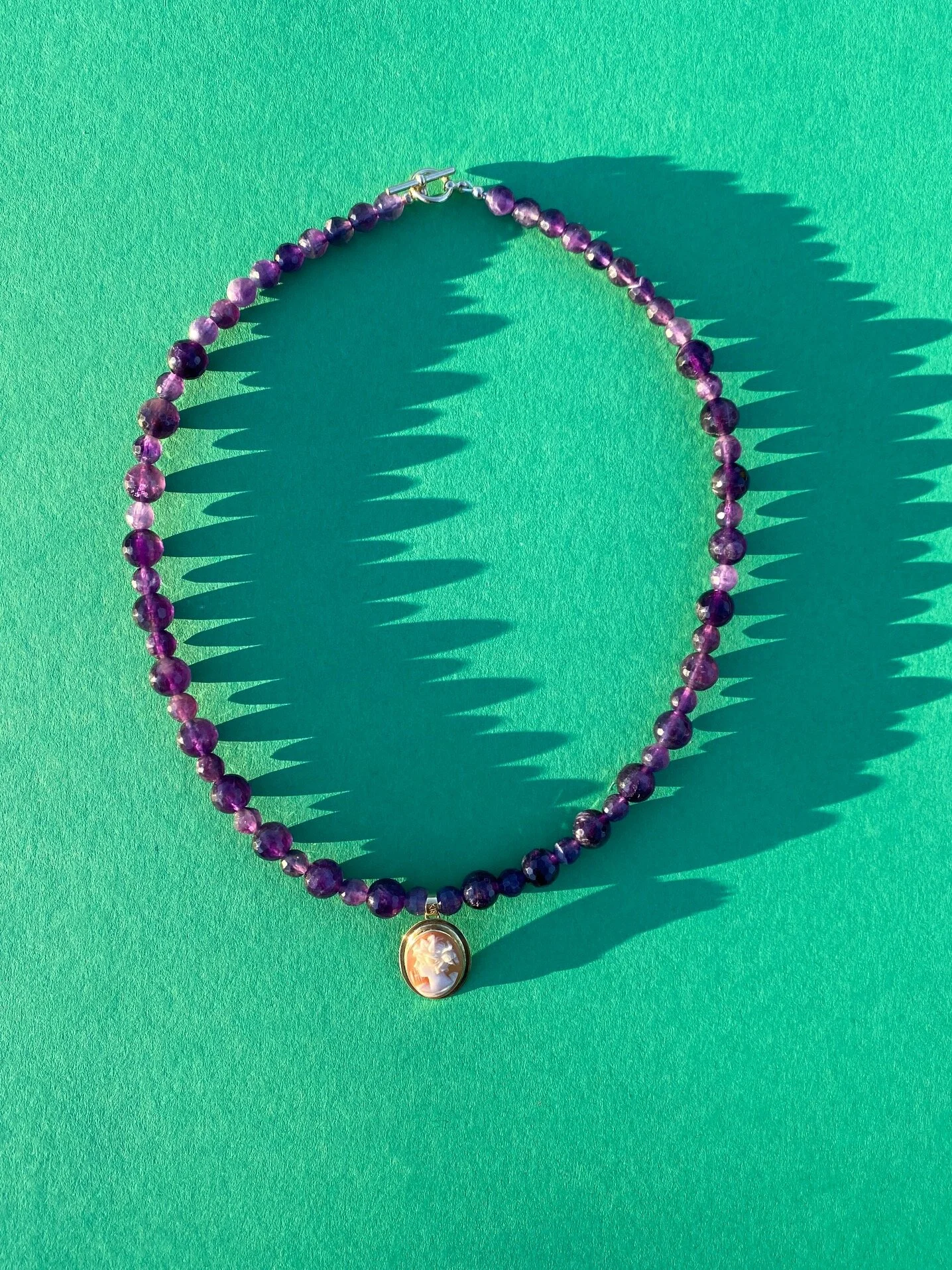 1 of a Kind amethyst necklace with 18k gold cameo 