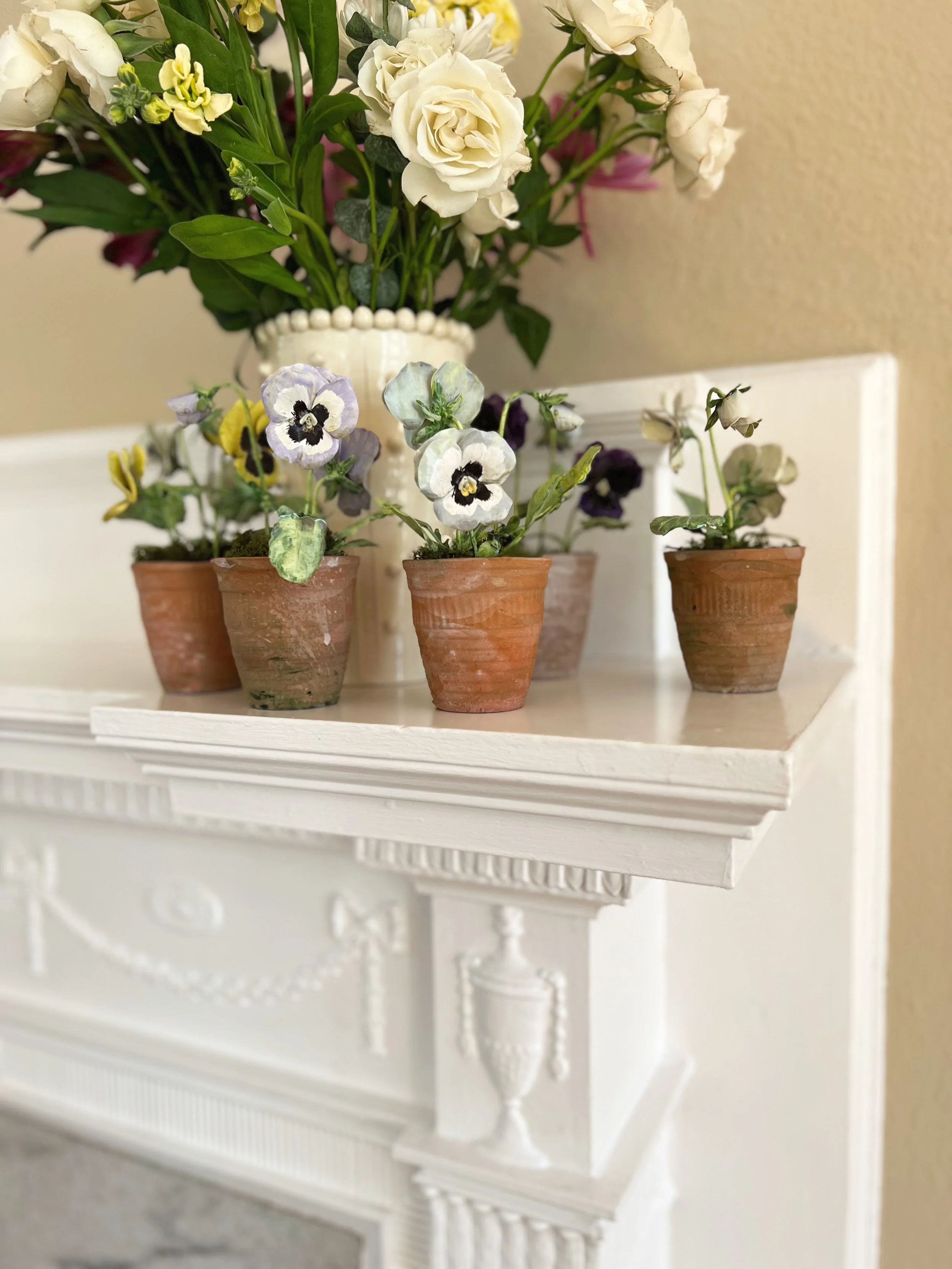 frances-palmer-vase-tole-pansies-in-pots-on-carved-mantle .JPG