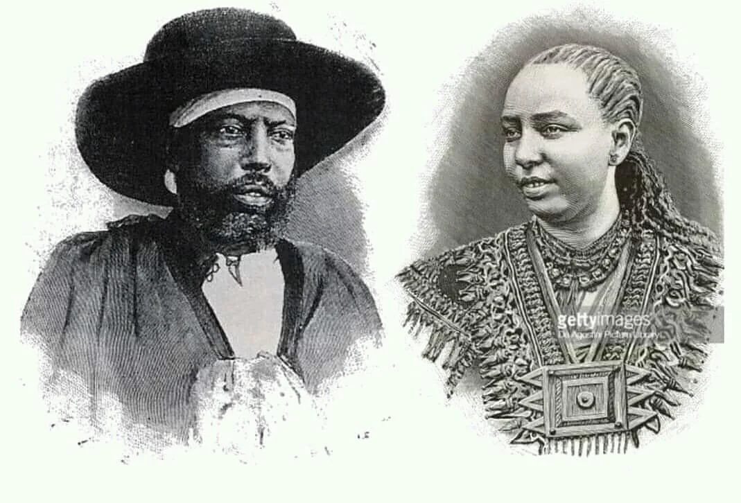 Black and white sketches of a man wearing traditional African clothing and a wide-brimmed hat on the left, and a woman wearing traditional African attire with intricate jewelry and a patterned top on the right.