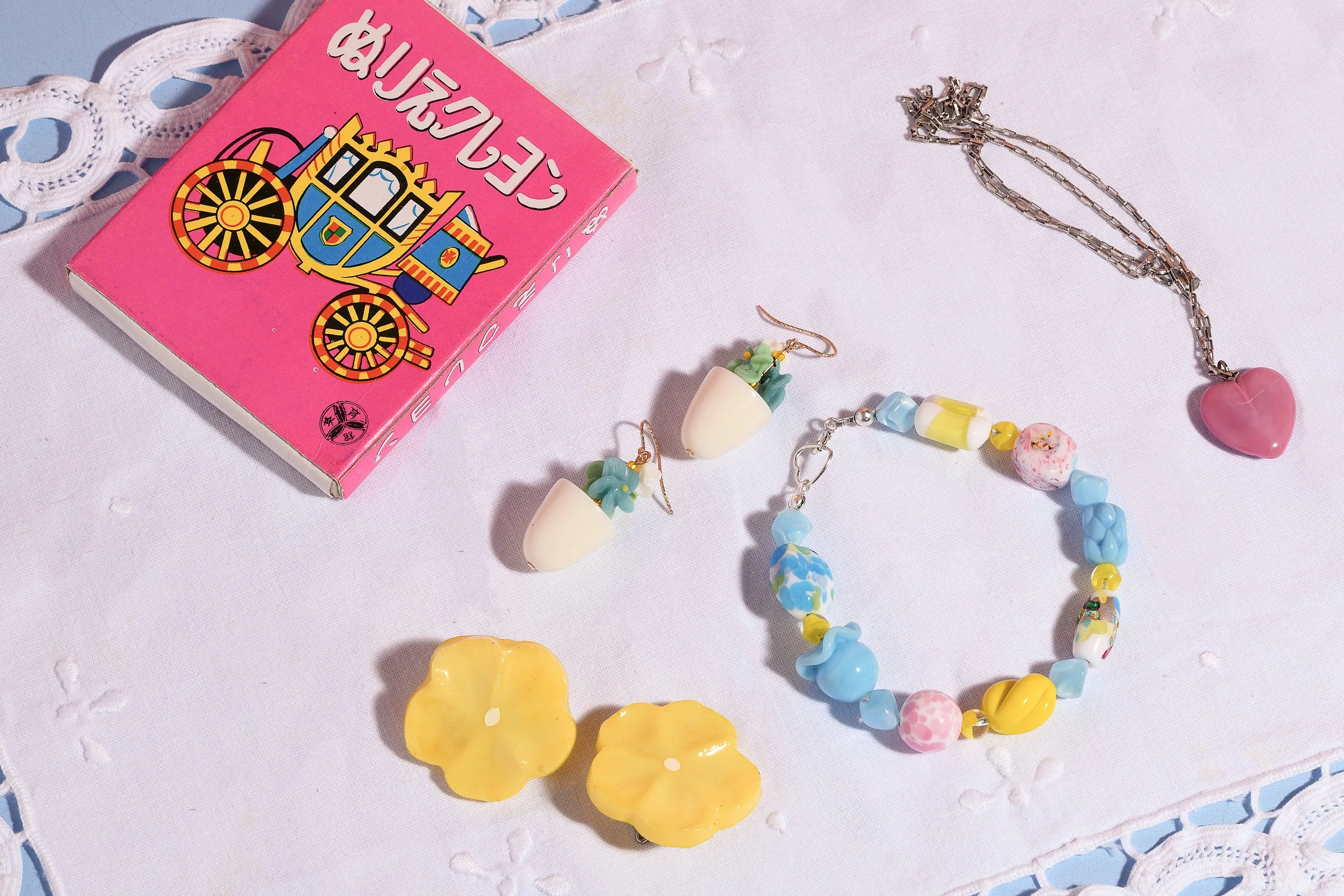 Vintage 1960s Japan Clip-On Earrings, Pink Heart Necklace, Super Happy Times Bracelet-1.jpg
