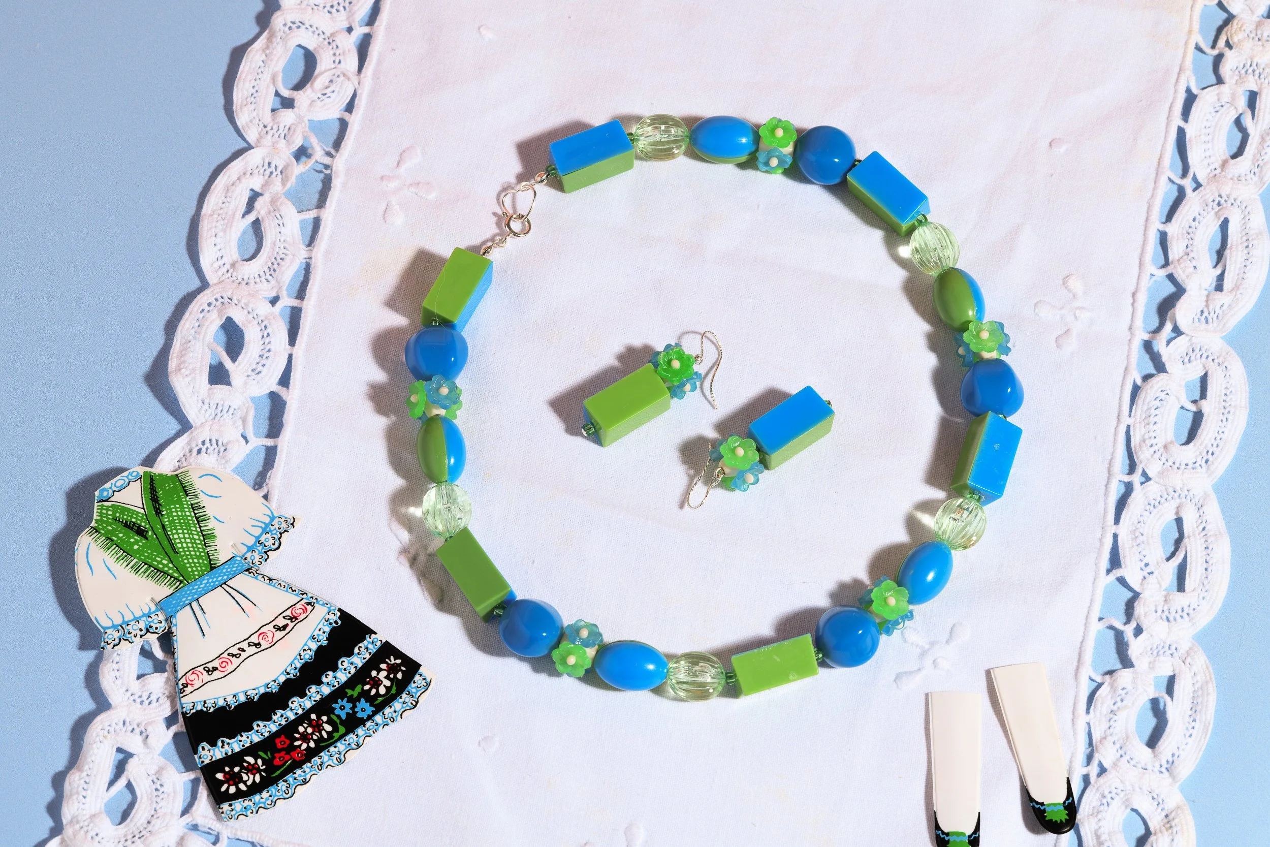 Cerulean Blue and Grass Green Flower Vase Earrings and Chunky Cerulean Blue and Garden Green Flower Necklace-1.jpg