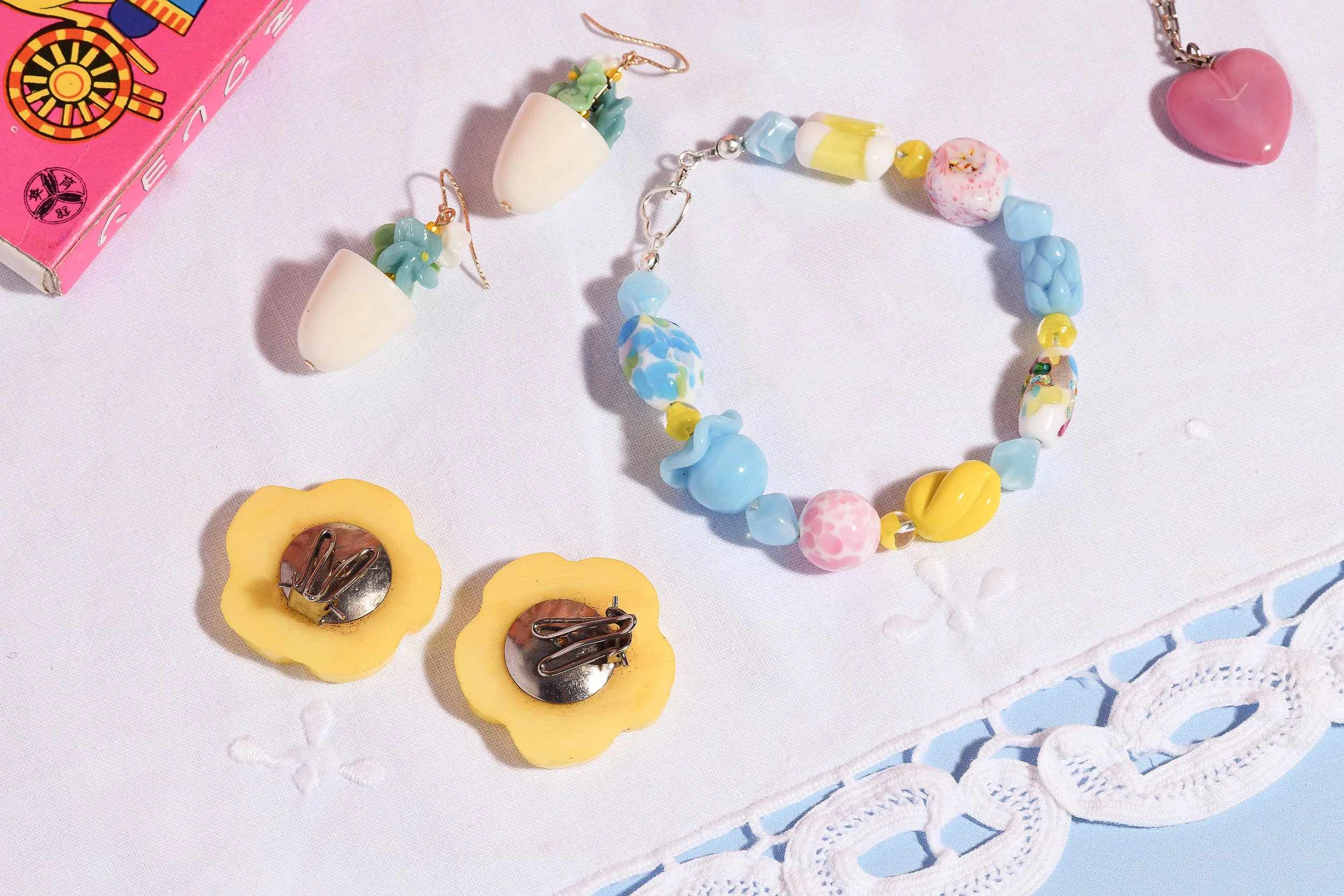 Vintage 1960s Japan Clip-On Earrings, Pink Heart Necklace, Good Times Bracelet-3.jpg