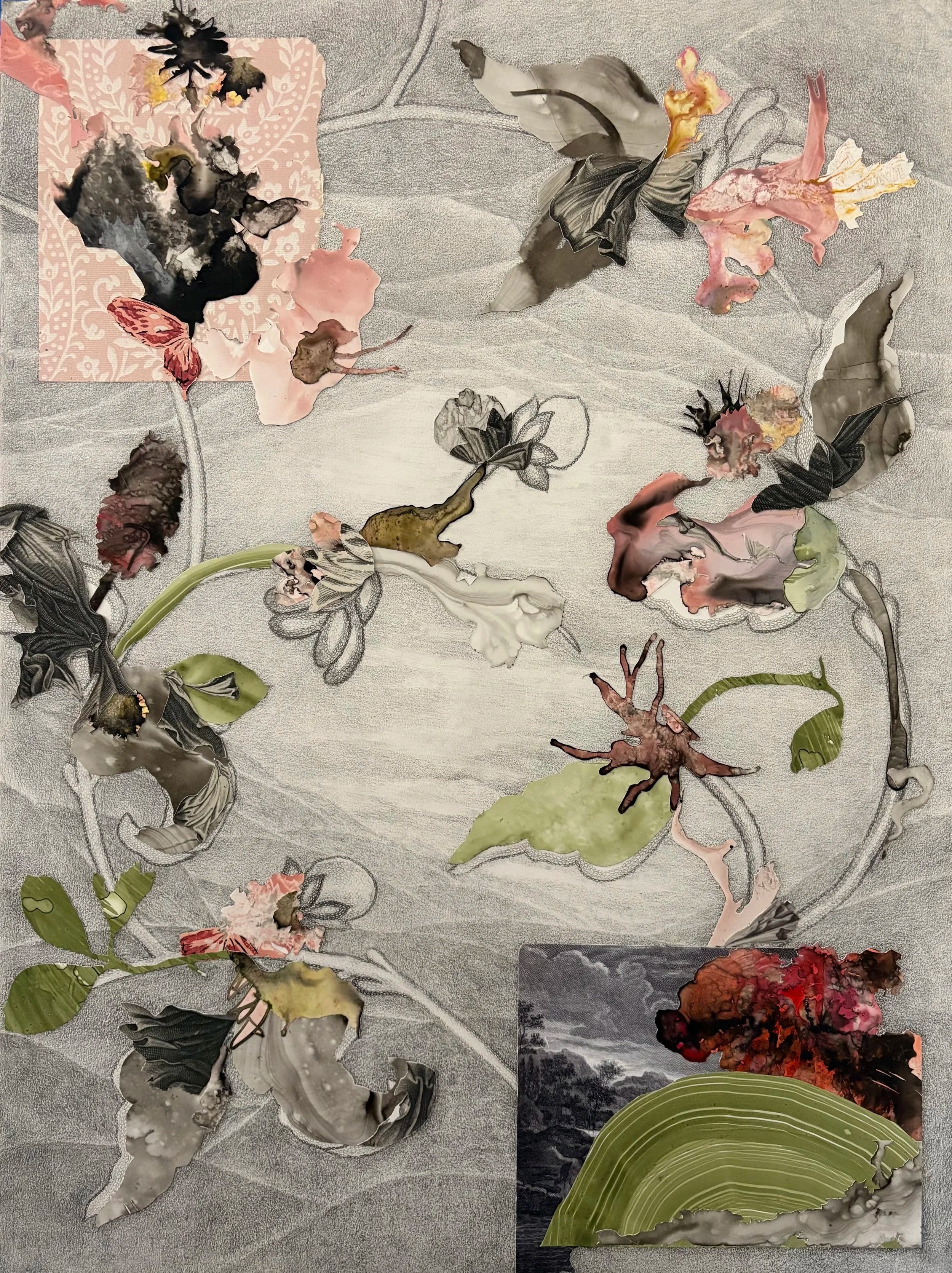 threshold 2025  24" x 18" graphite, ink, print media collage