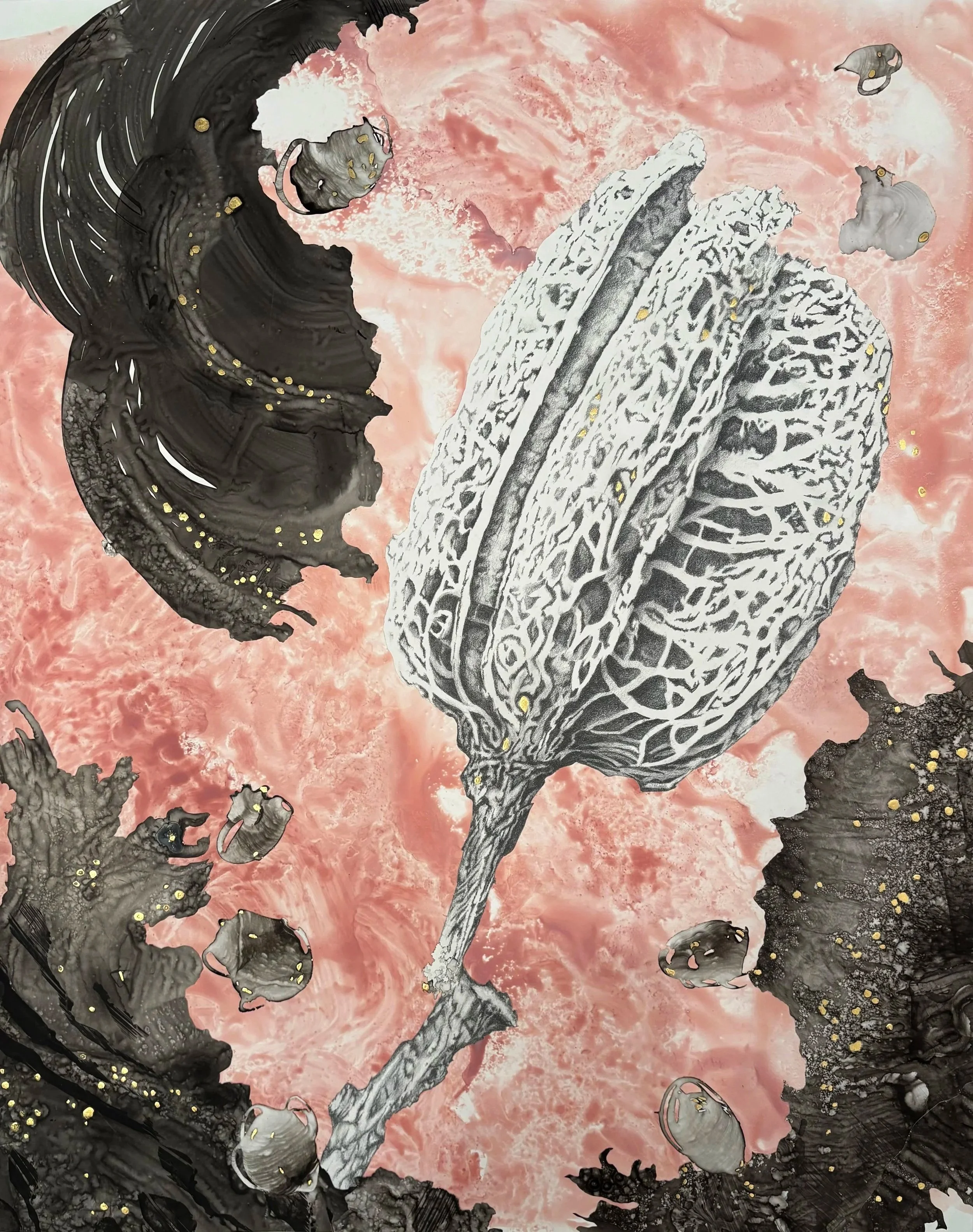 seeding  2026  ink, graphite, gold leaf collage
28" x 22"
