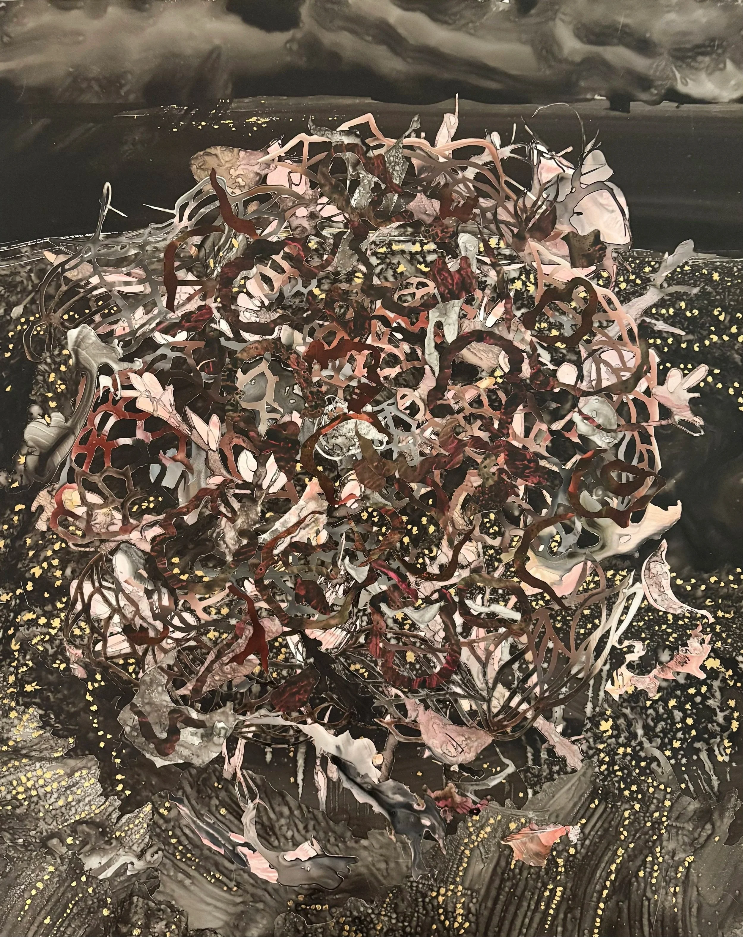 Midden 2026. 30" x 24" 
Assemblage
Ink, gold leaf on mylar
