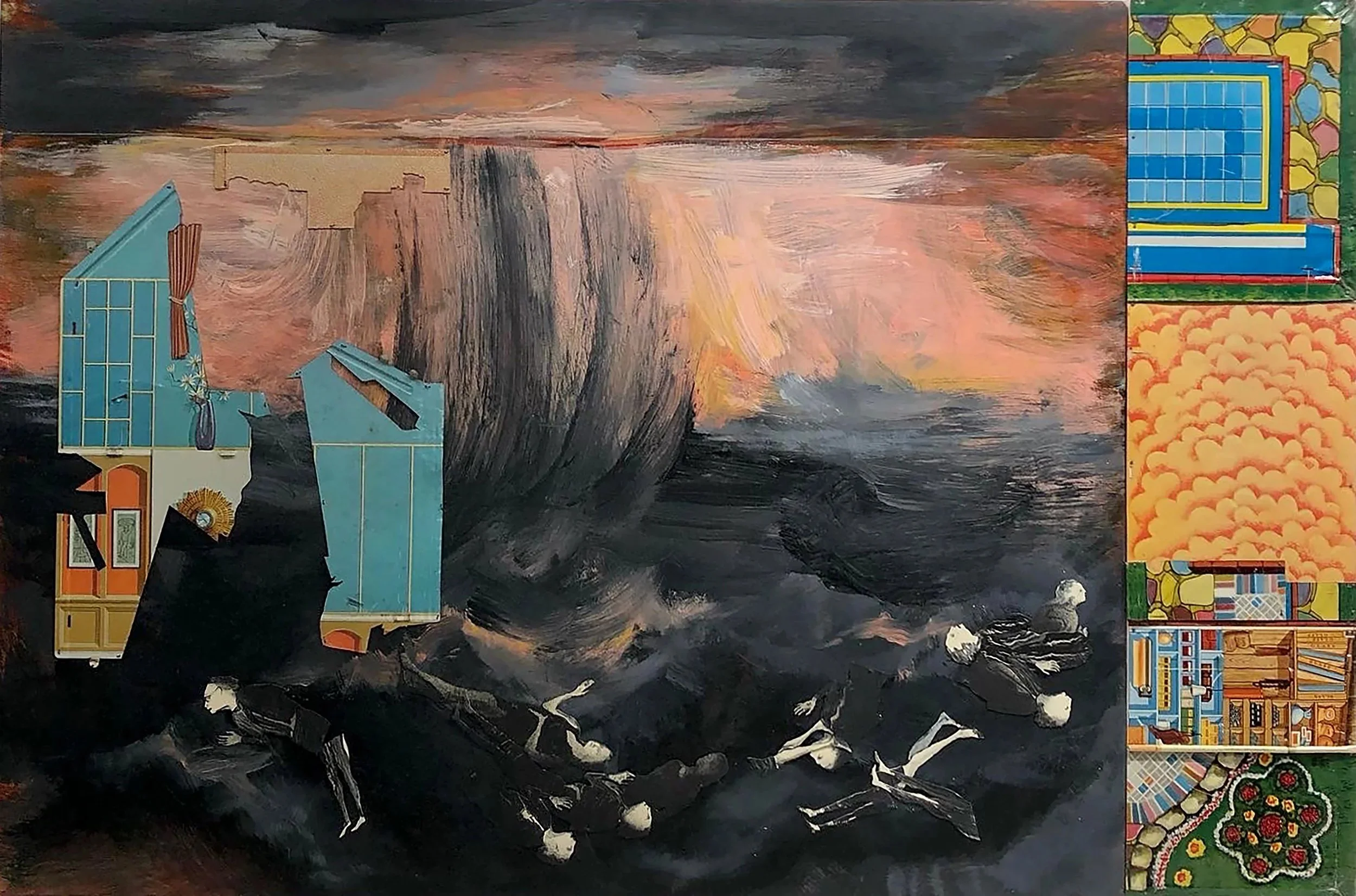 Plumbing Depths. 2023  oil, lithographed tin, on panel
24" x 36"