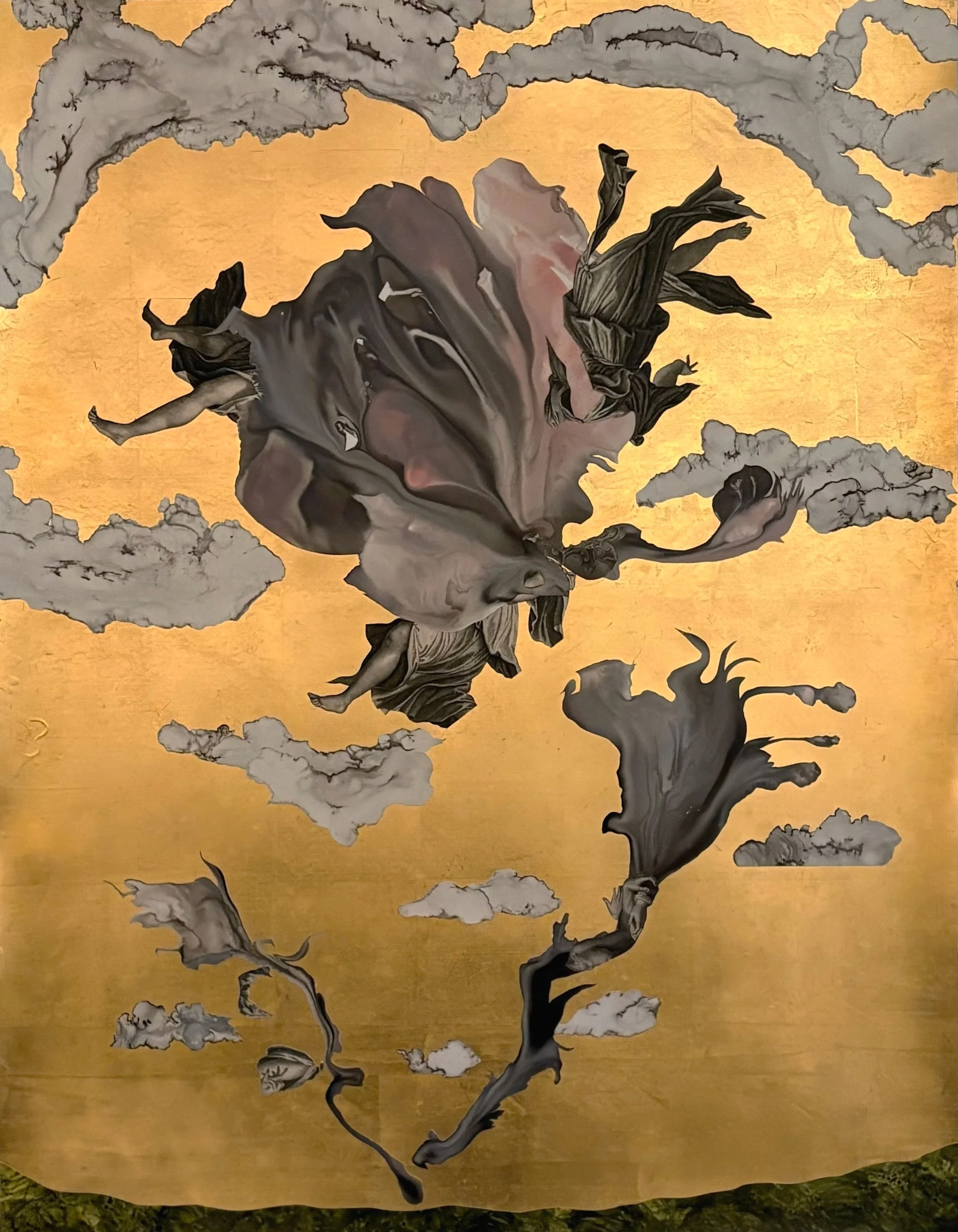 Strewn 2026 28" x 22"  assemblage - gold leaf, ink, print media