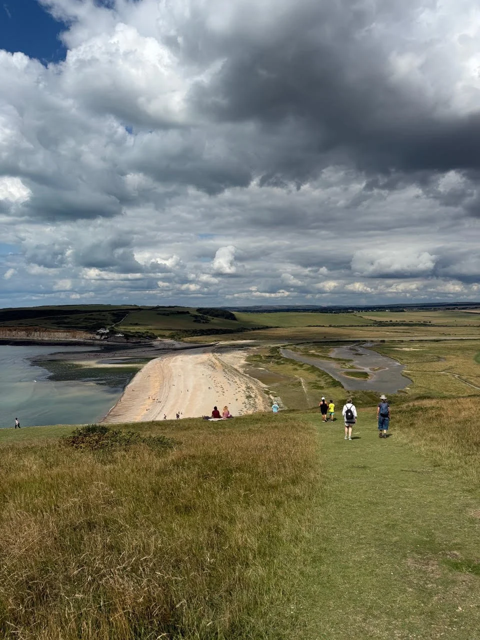 People walking on a grassy hill overlooking a beach and water under a cloudy sky.