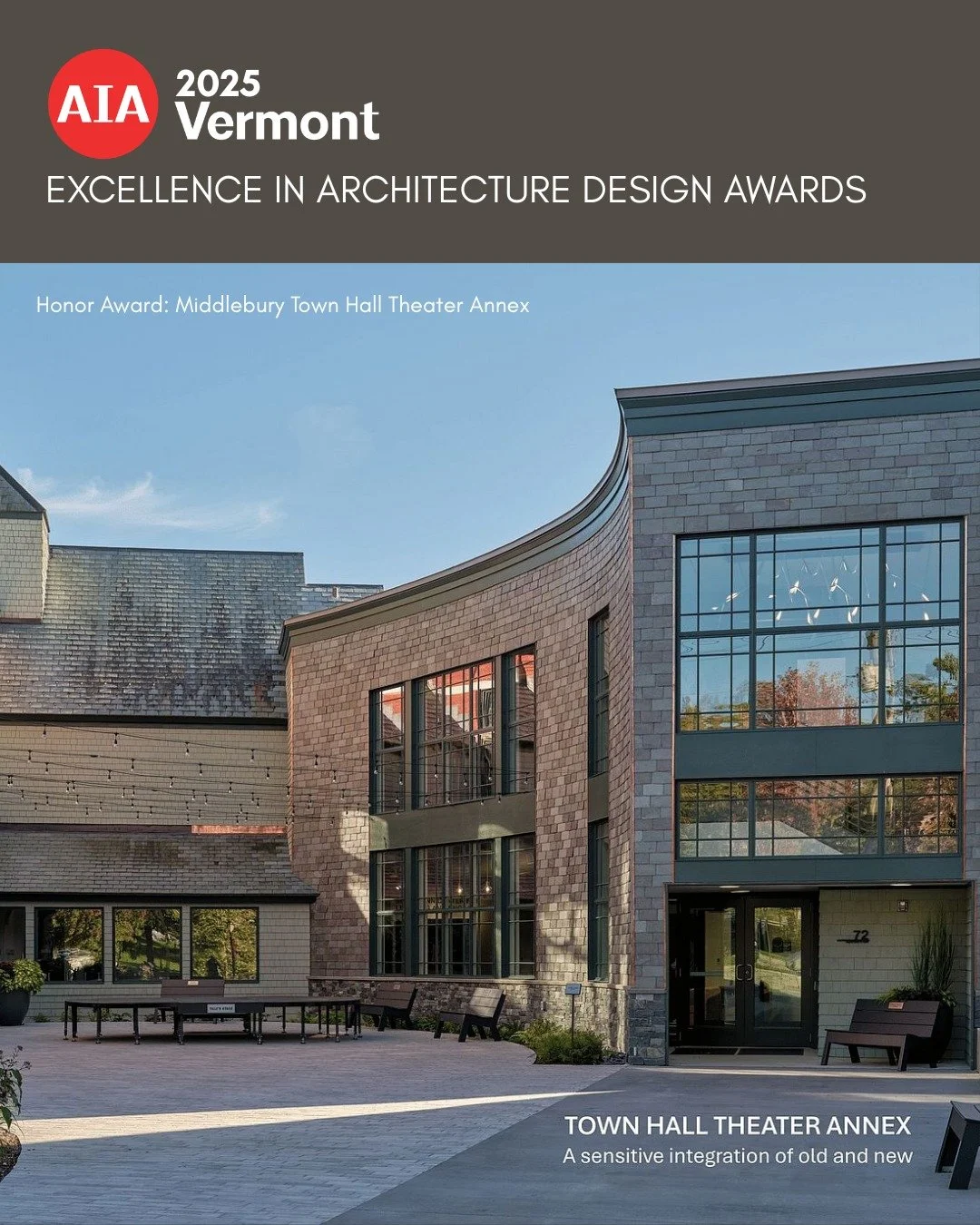 Congratulations to the Bread Loaf Corporation on earning the Honor Award in the Commercial / Institutional / Multi-Family / Mixed Use category for the Middlebury Town Hall Theater Annex in Middlebury, Vermont.
This 9,000 sq. ft. addition revitalizes 