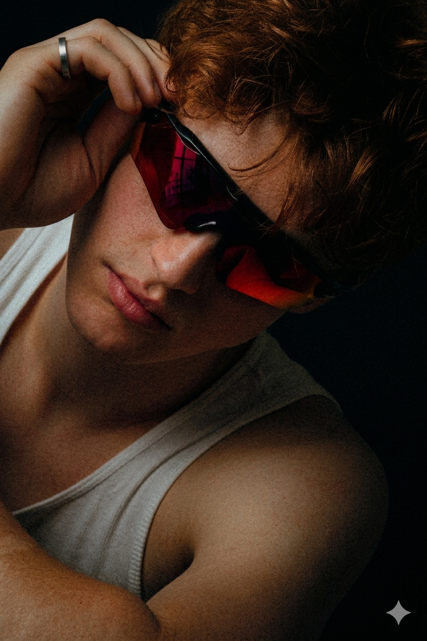 A person with reddish-brown hair, wearing sunglasses with purple-tinted lenses, is resting their head with a hand touching the glasses. They are wearing a light-colored sleeveless shirt and have a ring on the thumb of the hand touching the glasses.