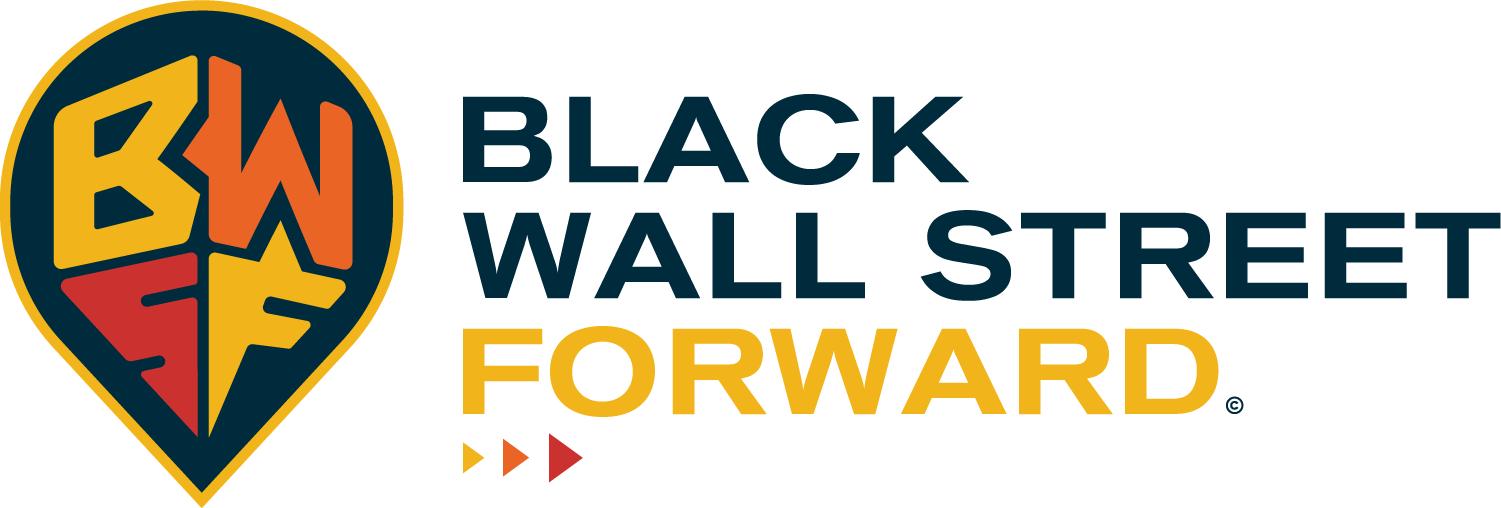 Logo of Black Wall Street Forward, featuring a stylized map pin with the initials BWSF inside, and text reading 'Black Wall Street Forward' in black, yellow, and red.
