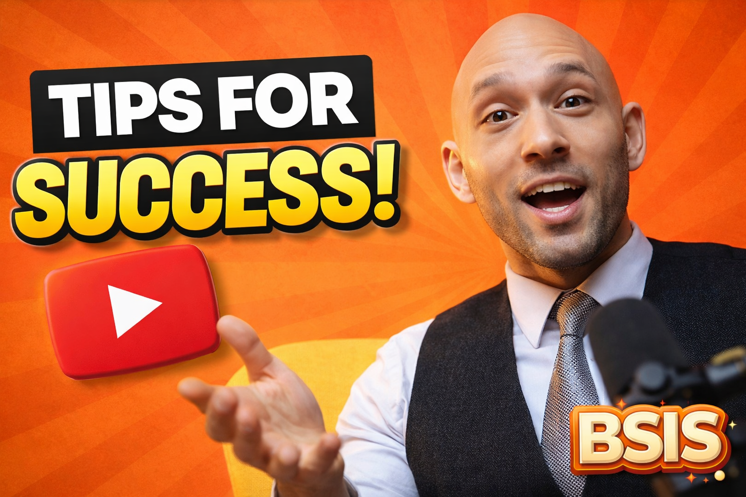 Thumbnail with text 'Tips for Success!' and a man speaking into a microphone, pointing to a large red YouTube play button. The background is orange with a starburst pattern, and the bottom right has a logo with the text 'BSIS'.