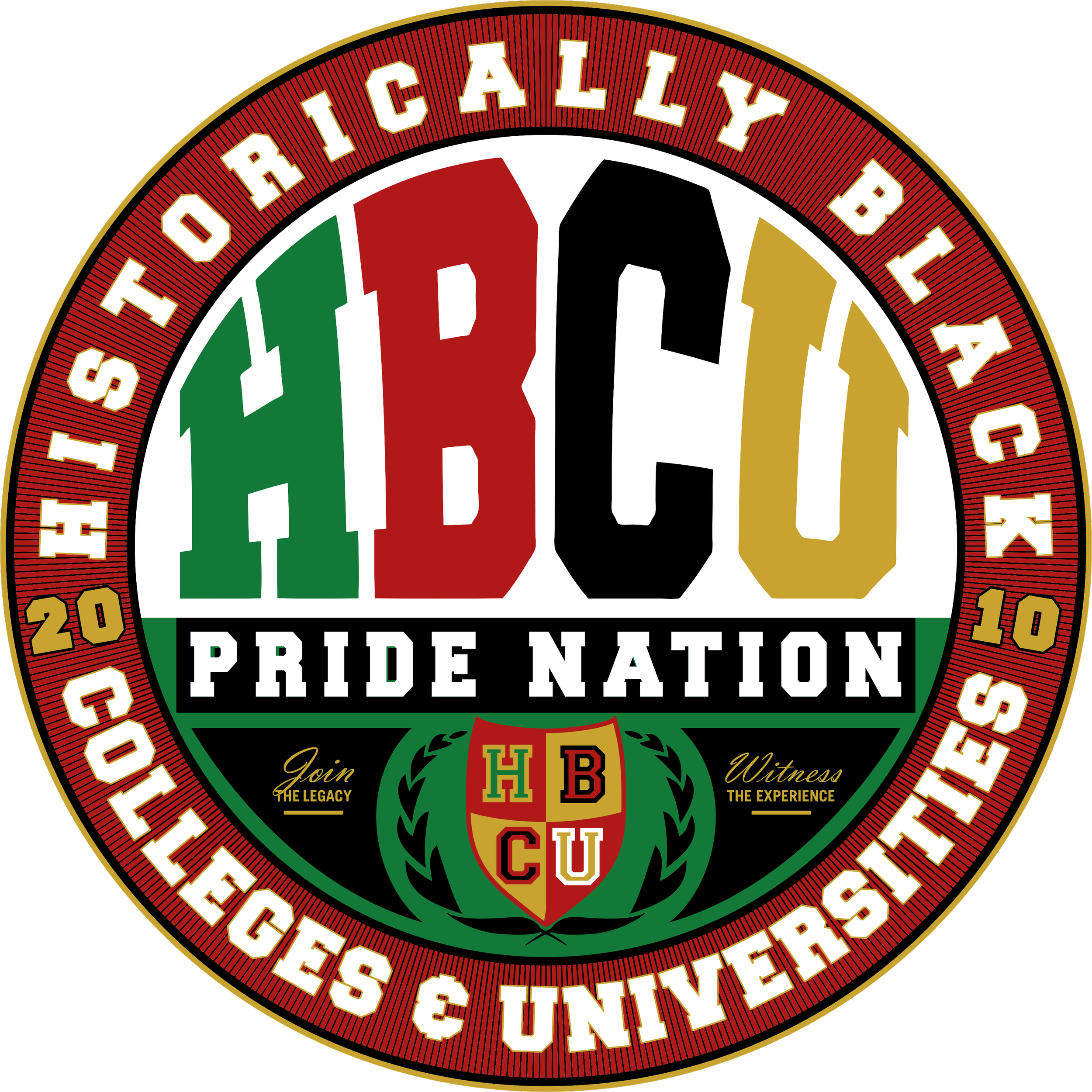 Circular emblem featuring the acronym HBO in bold letters colored green, red, black, and gold, with the words 'Pride Nation' beneath. The outer ring says 'HISTORY, BLOCK, COLLEGE, UNIVERSITIES & CENTERS' with the year 2010. Smaller text includes 'Join THE LEGACY' and 'Witness THE EXPERIENCE,' along with a shield emblem at the bottom center marked with 'H B C U'.