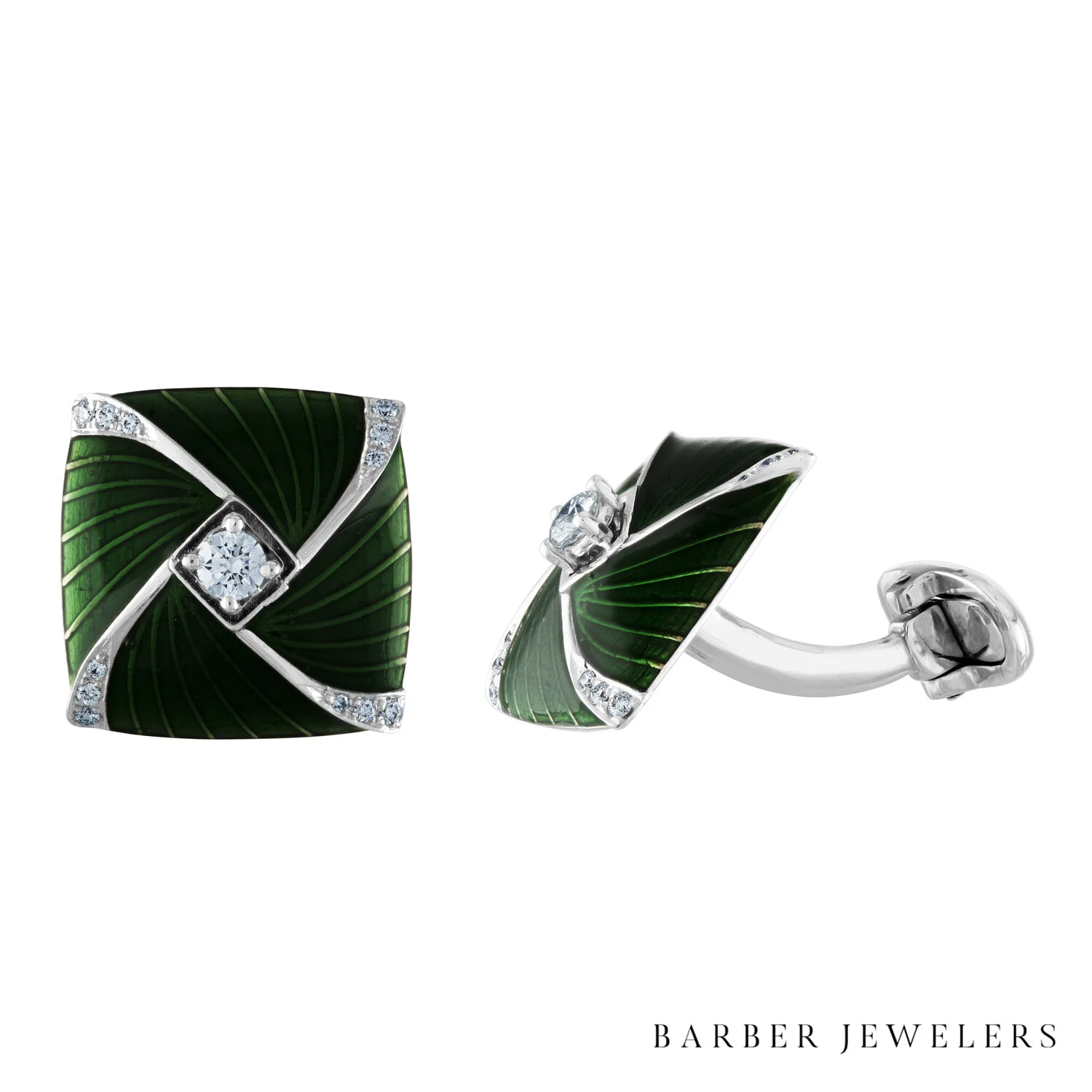 white gold wiht white diamonds, green enamal