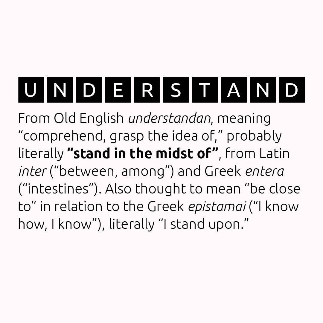 Ironically, we don&rsquo;t fully understand the origins of the word UNDERSTAND. This highlights our tendency to use words and concepts that we think are obvious, but which may not be clear to everyone - which only invites the audience to draw their o