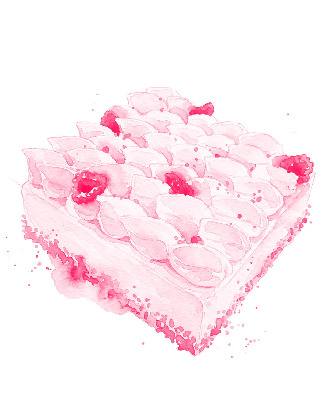 Watercolor illustration of a rectangular cake with pink icing topped with small pink flower decorations.