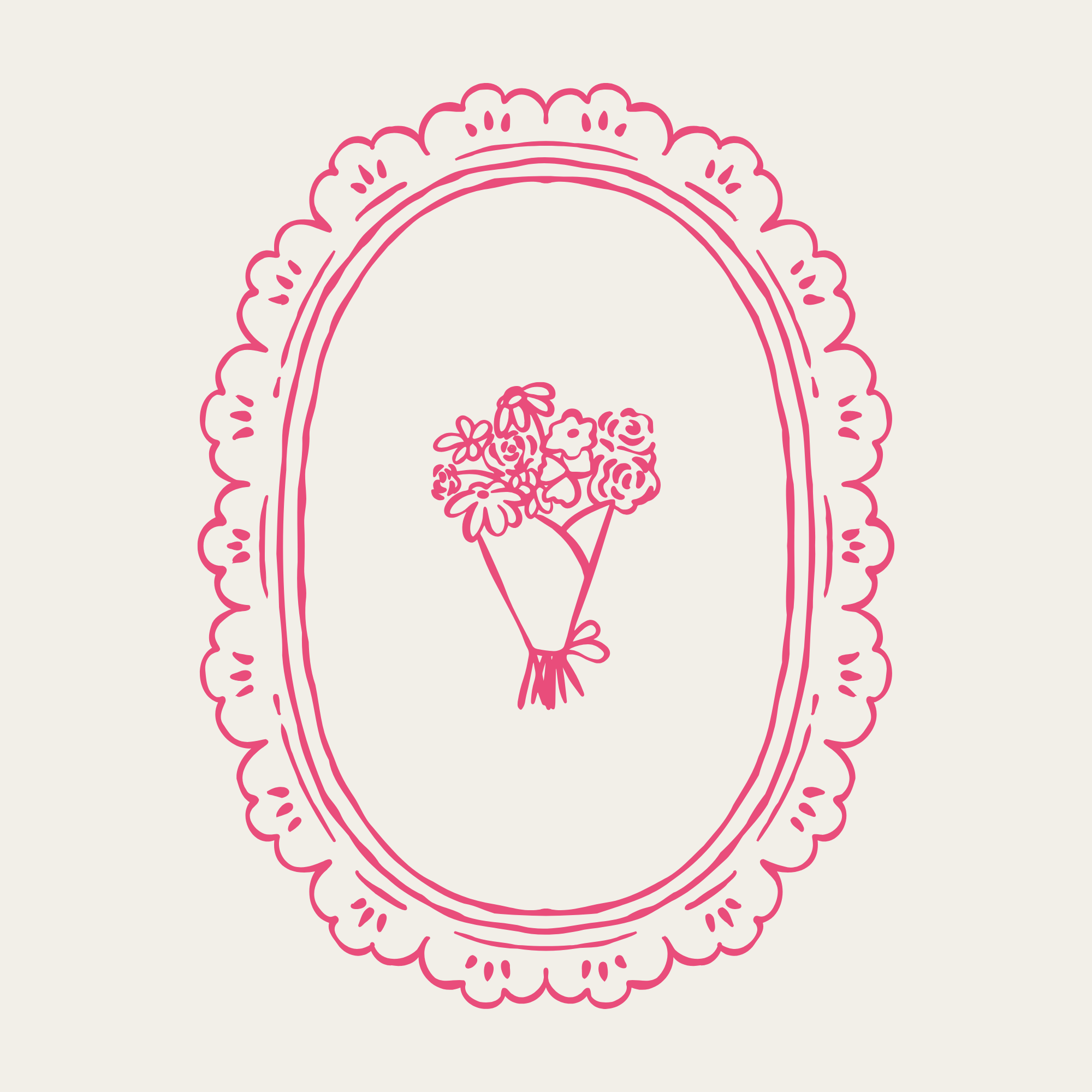 Pink line drawing of a bouquet of flowers inside an ornate oval frame on a light background.