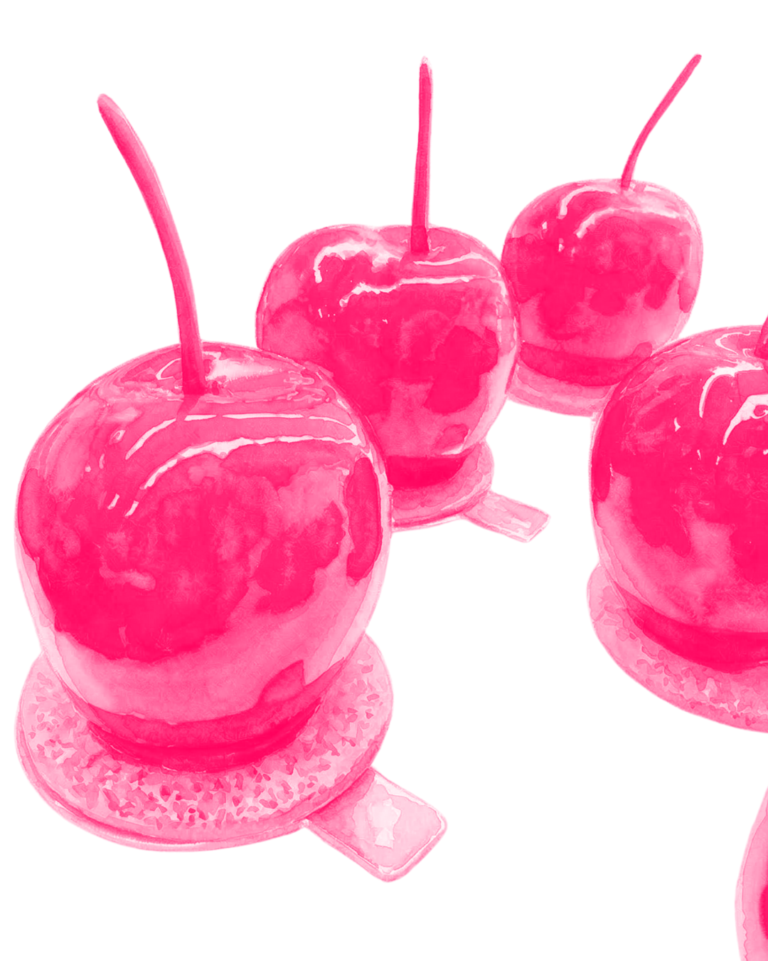 Stylized pink cherries with stems, displayed on small transparent stands.