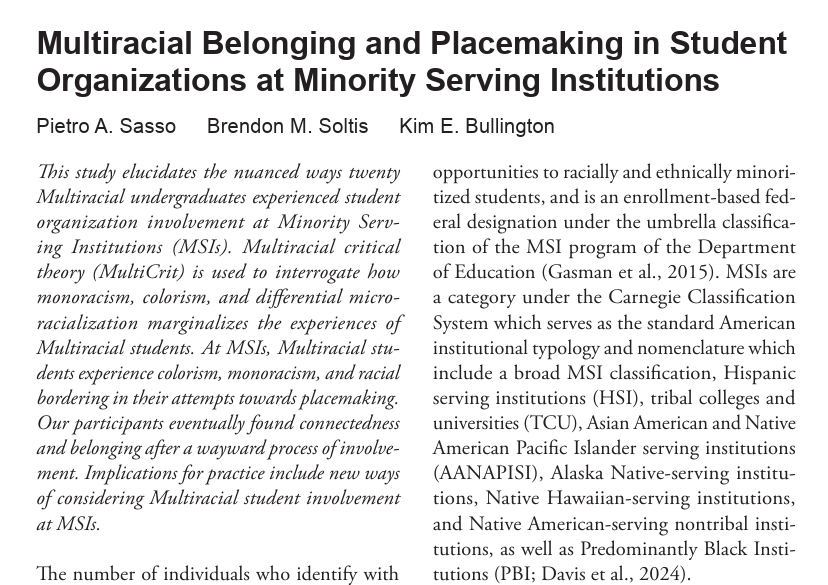 New Article on Multiracial Sudents at Minority Serving Institutions